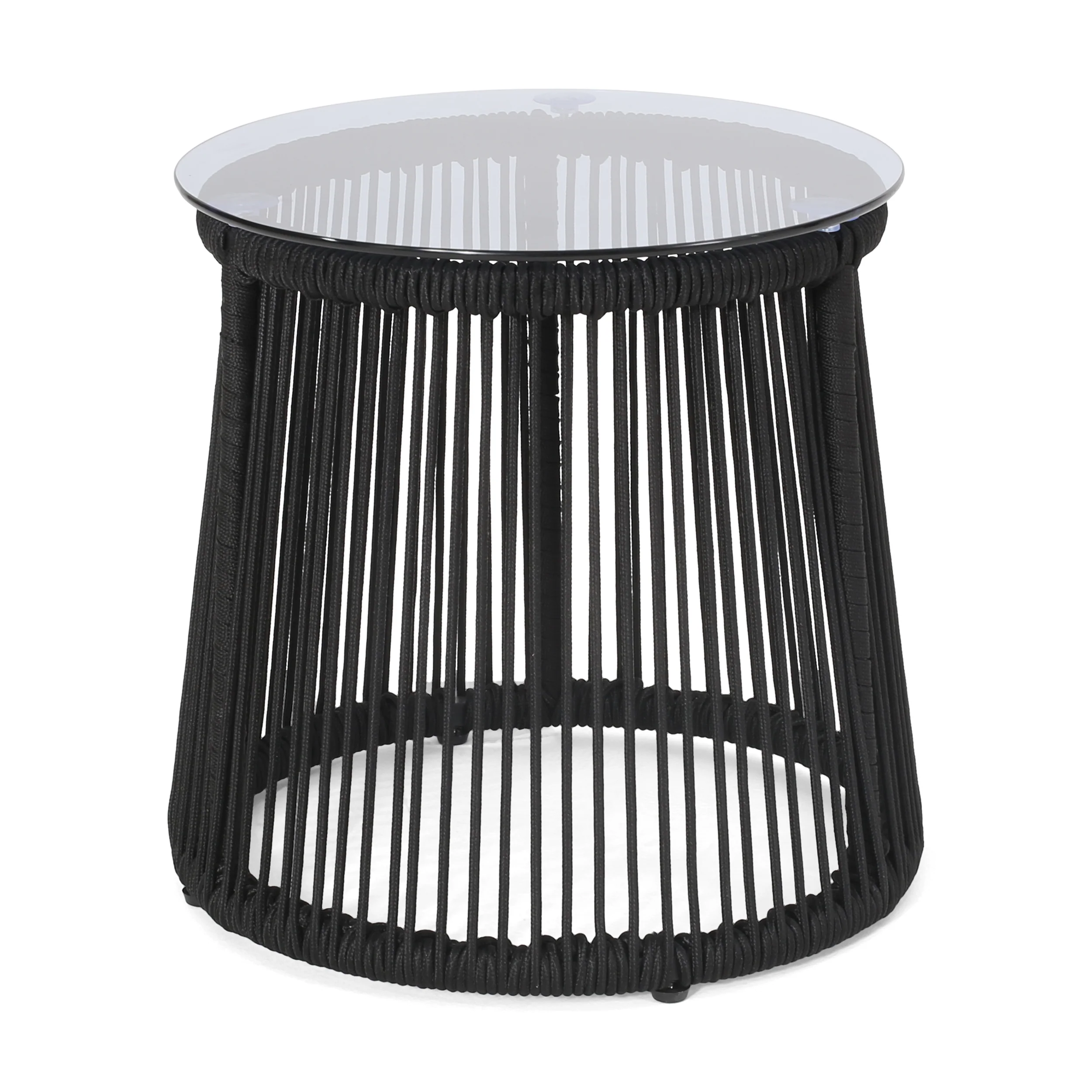 Outdoor End Table with Drum-Shaped Base and Tempered Glass Top