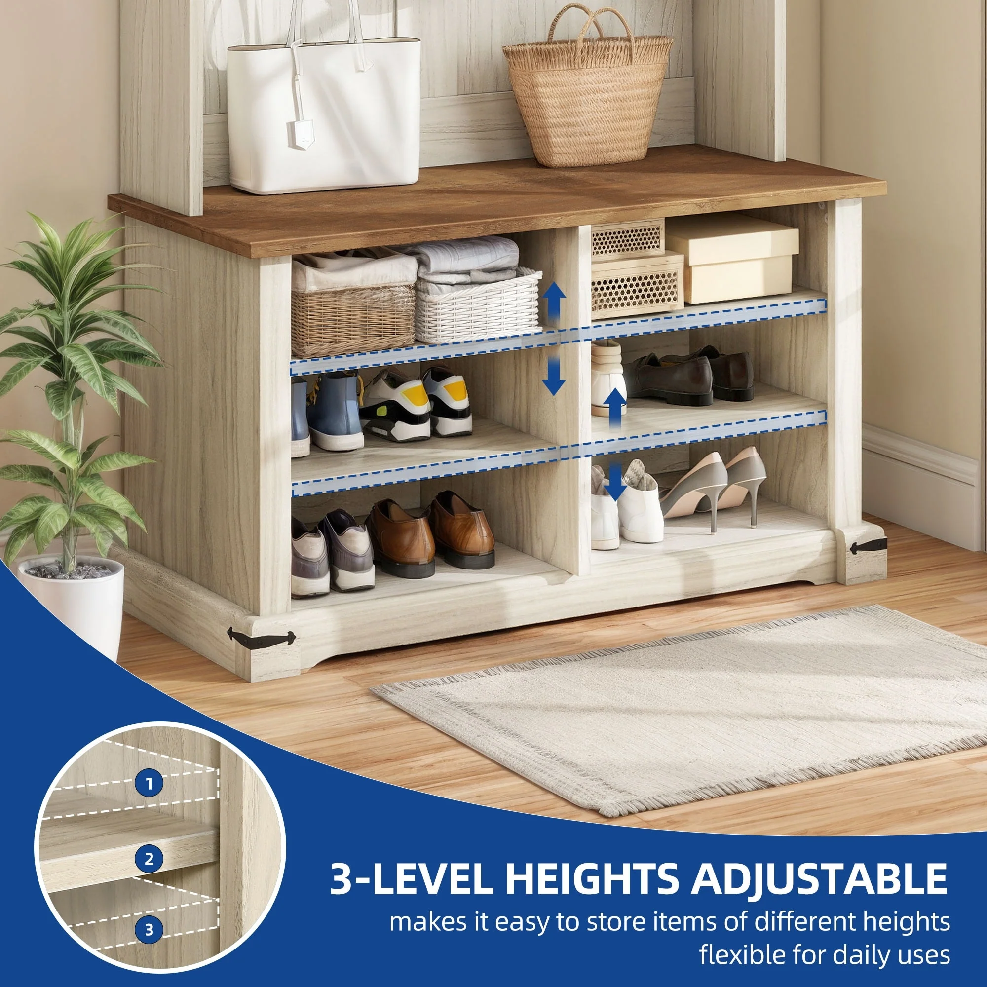 Moasis Farmhouse Hall Tree with Bench and Shoe Storage with 10 Hooks for Entryway