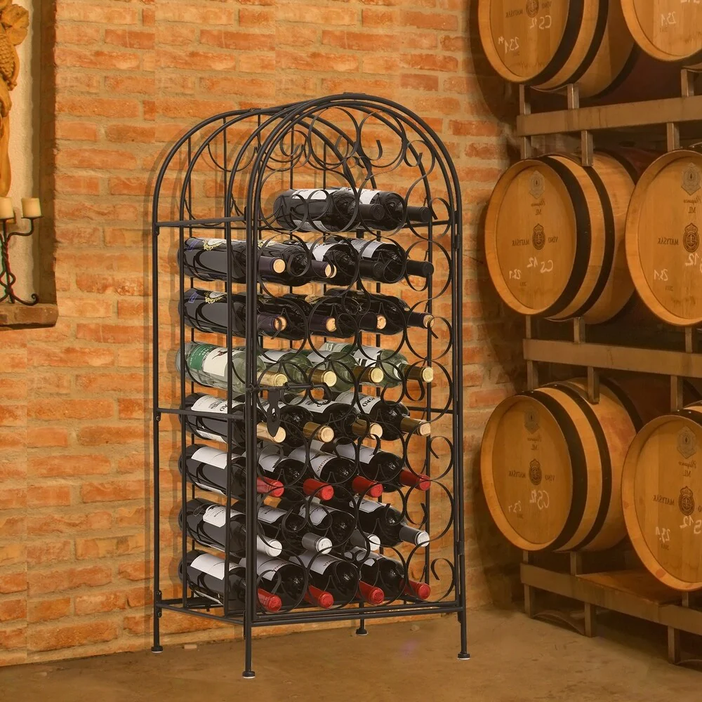 HOMCOM 35 Bottle Wrought Iron Wine Rack Jail with Lock - Black - 17.5*14*38.5