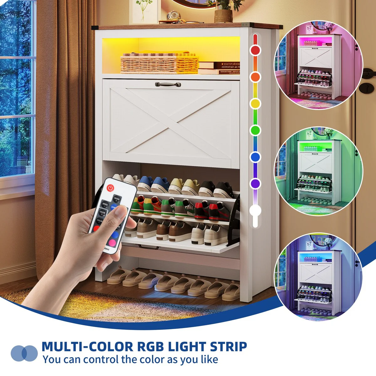 Moasis 2 Flip Drawers Shoe Storage Cabinet with LED Lights 16 Pairs Shoe Rack for Entryway