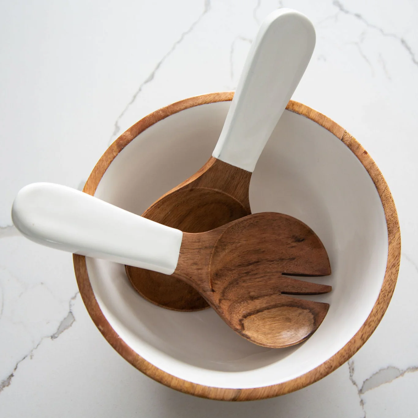 Wood + White Collection Salad Bowl & Servers Set