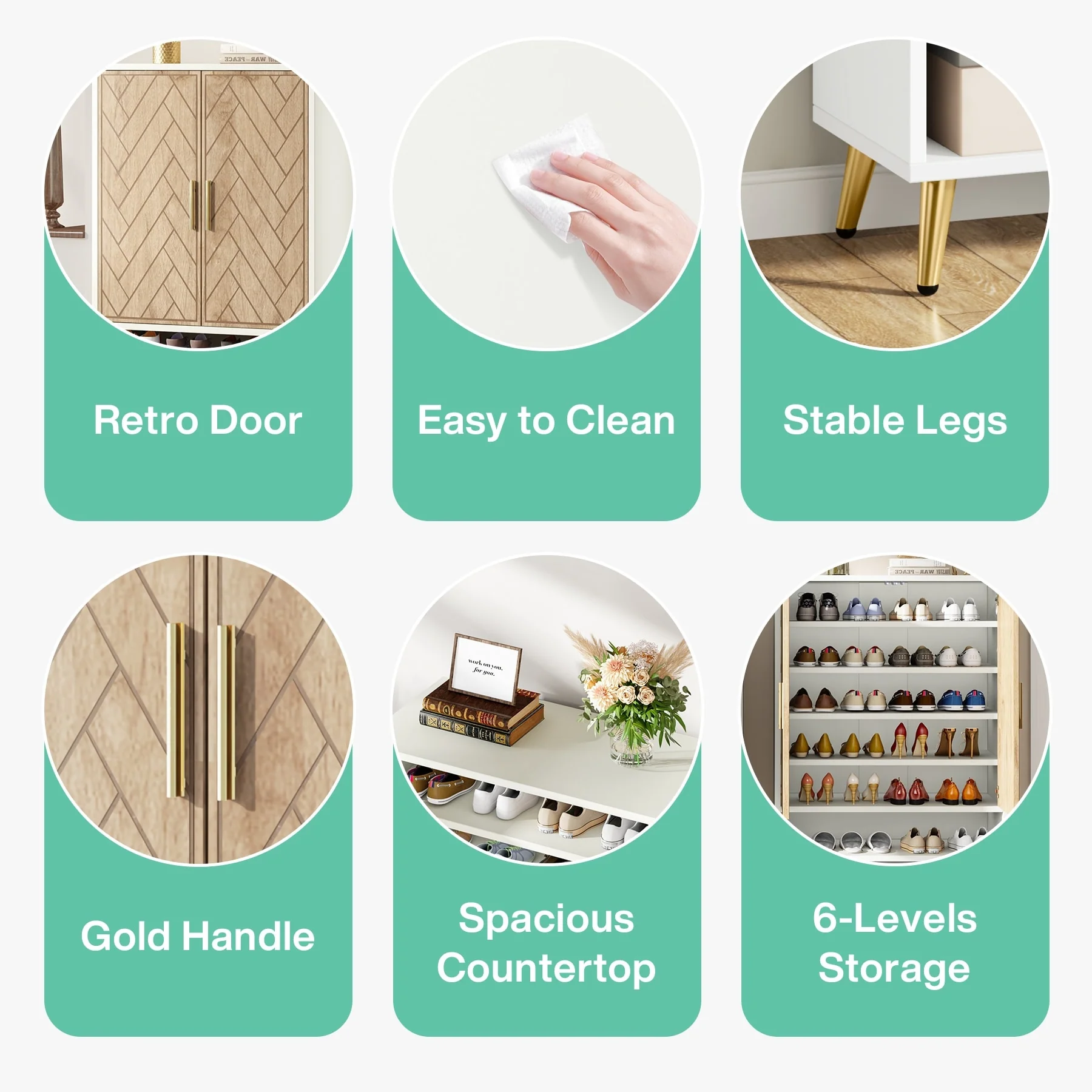 Walnut Shoe Cabinet, 6-Tier Wooden Shoe Organizer with Stable Leg