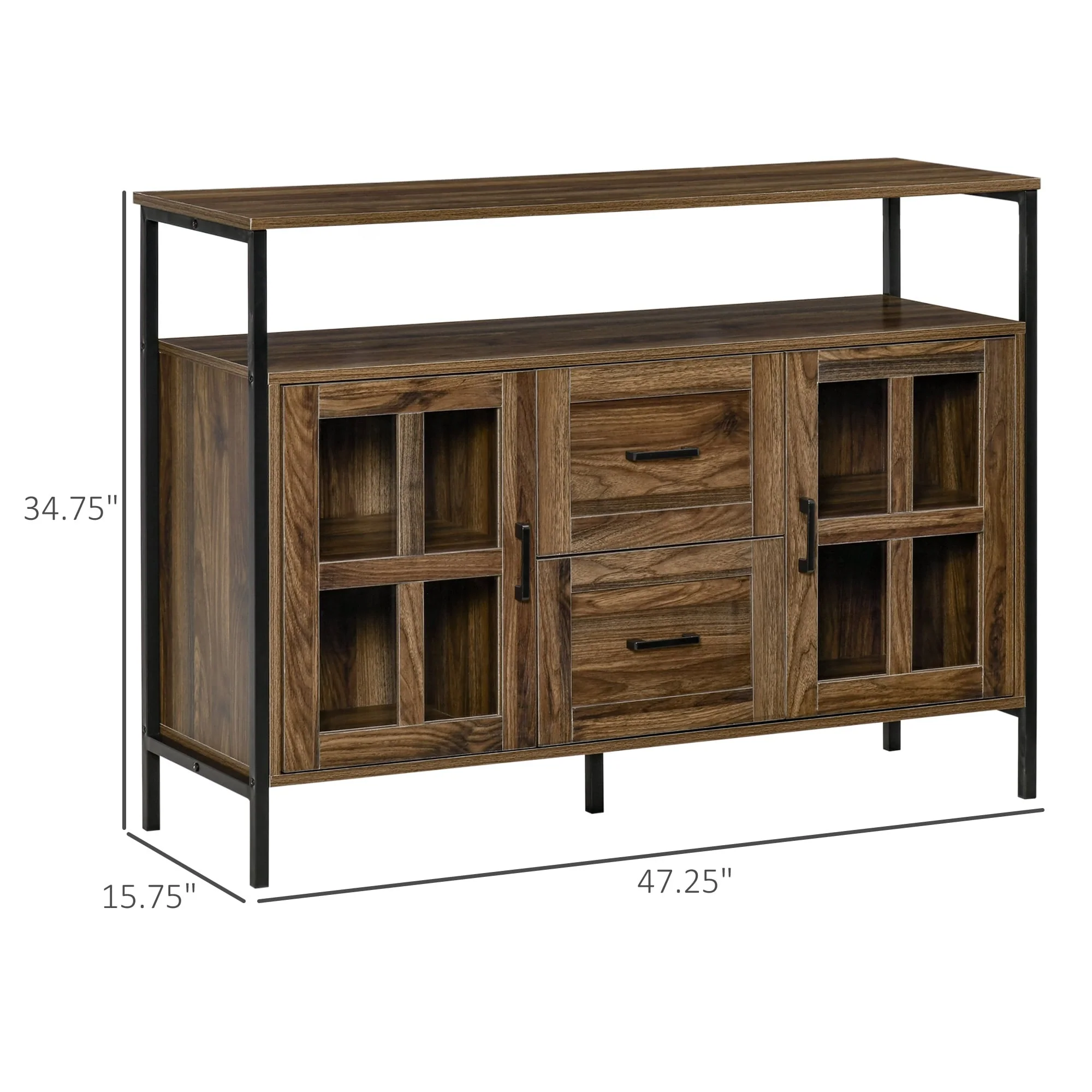 HOMCOM Rustic Kitchen Sideboard, Serving Buffet Cabinet with Adjustable Shelves, Glass Doors, and 2 Drawers
