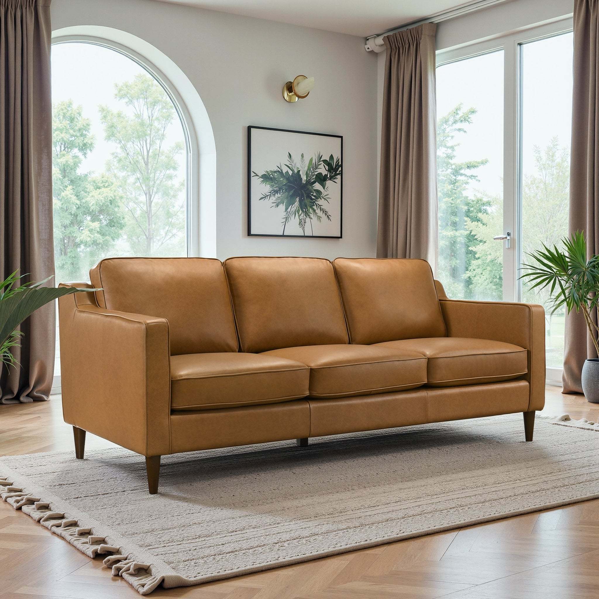 Cooper Mid Century Modern Tan Leather Sofa
