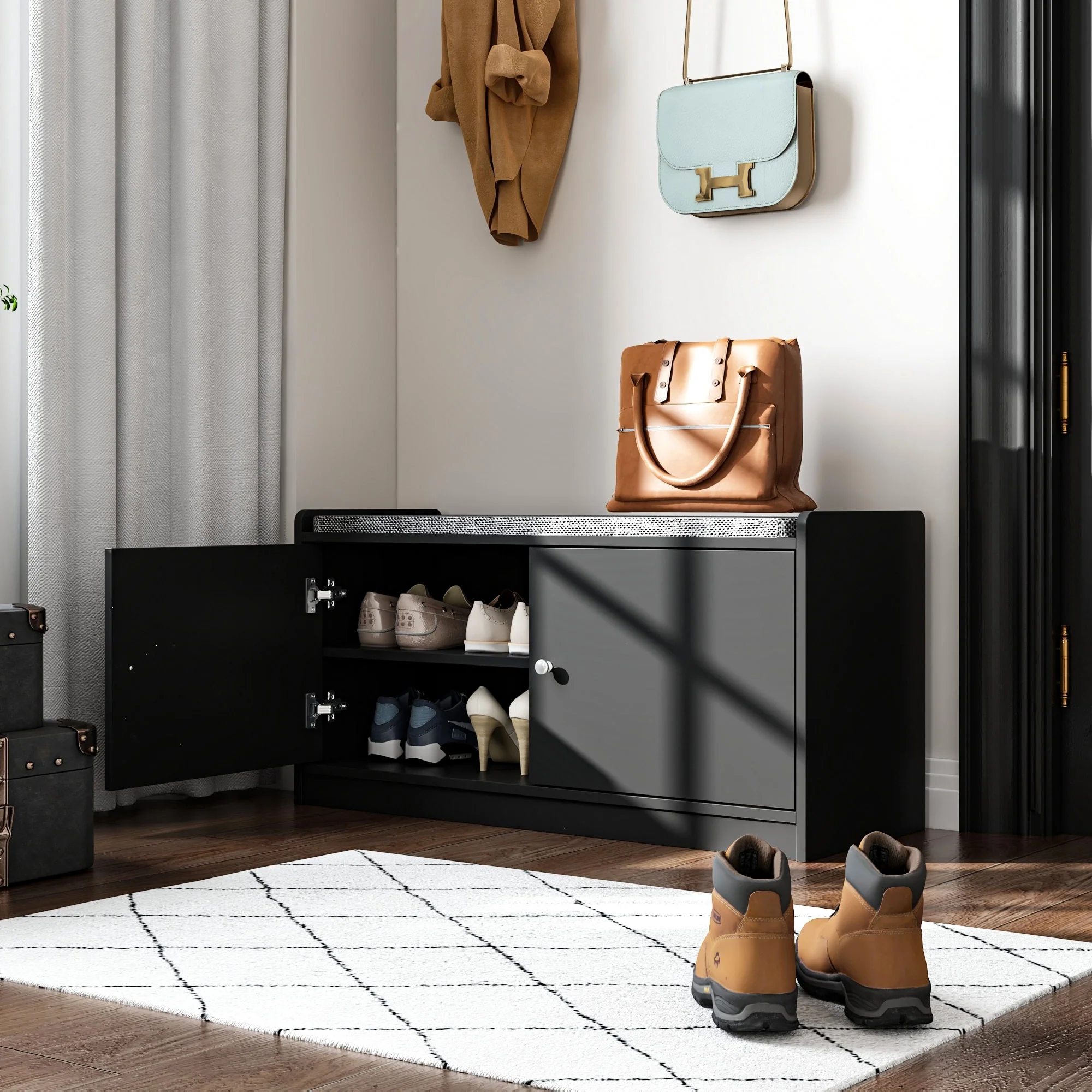 Hallway Shoes Storage Cabinet Bench with 2-Door & Padded Seat Cushion