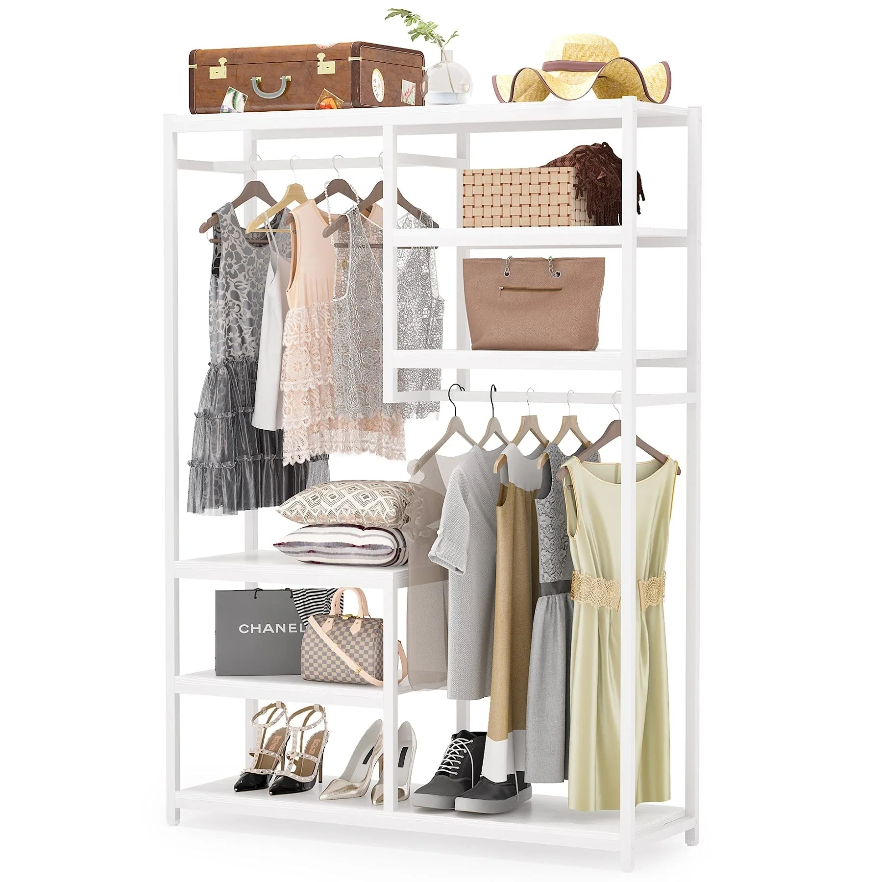 Freestanding Closet Organizer Garment Rack with Hanging Rod and Storage Shelf