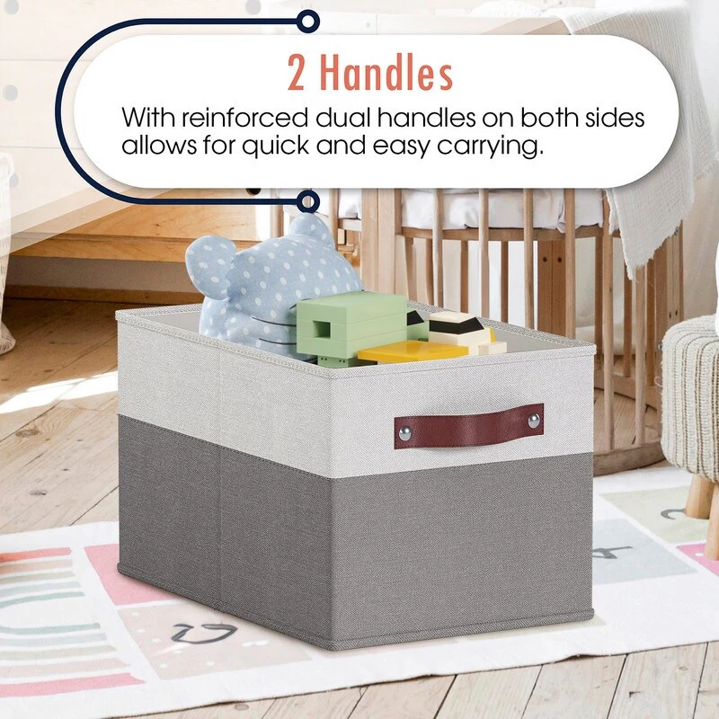 3 Pack Collapsible Shelf Basket Rectangle Storage Bins with Faux Leather Handles