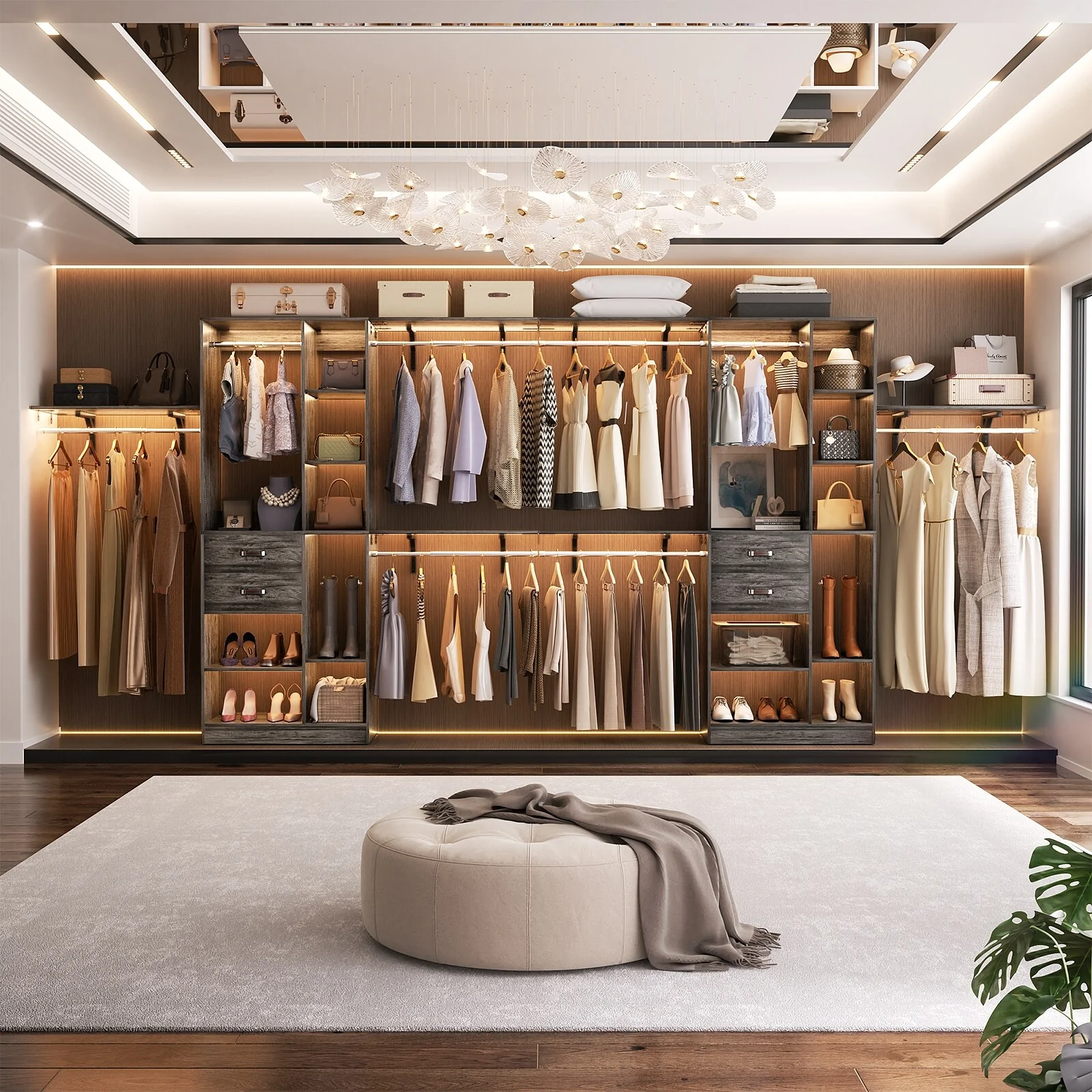 31.5'' to 96'' W Closet Organizer System with Drawers and Tower Shelves for Reach-in and Walk-in Closet