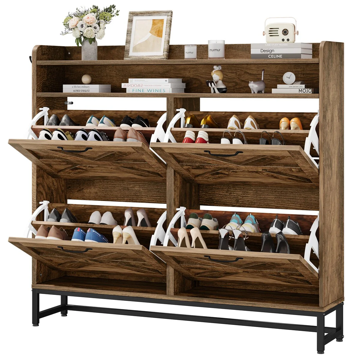 Moasis Farmhouse Flip Shoe Cabinet Shoe Storage Cabinet with 4 Flip Doors Adjustable Shelf - 47.2