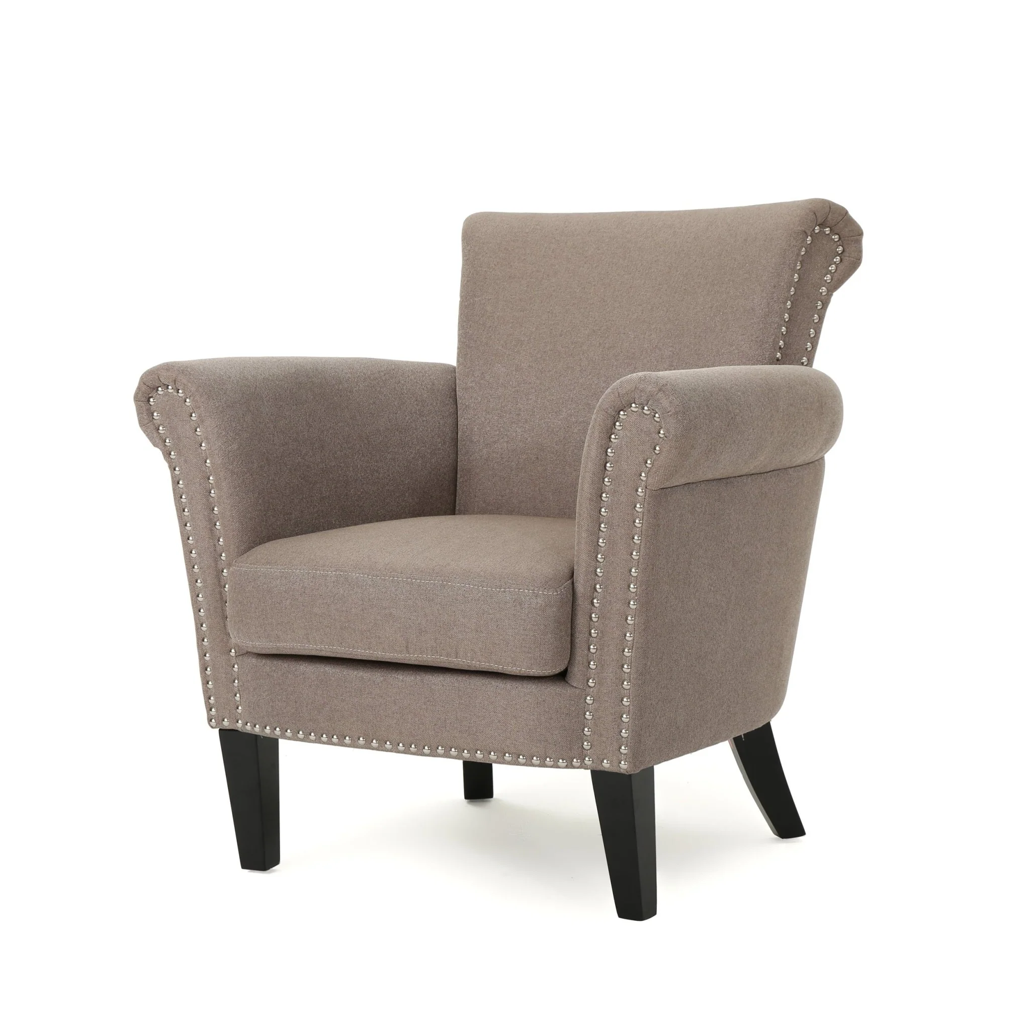 Upholstered Club Chair with Curved Design, Nailhead Trim and Rolled Armrests