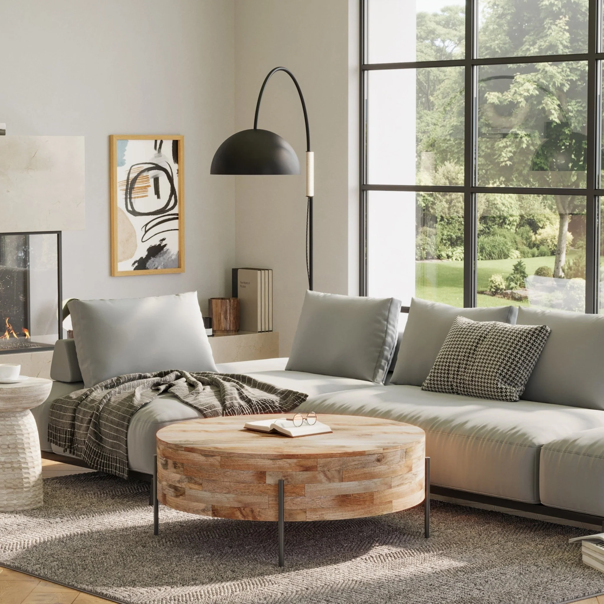 Round Drum Coffee Table with Black Metal Legs