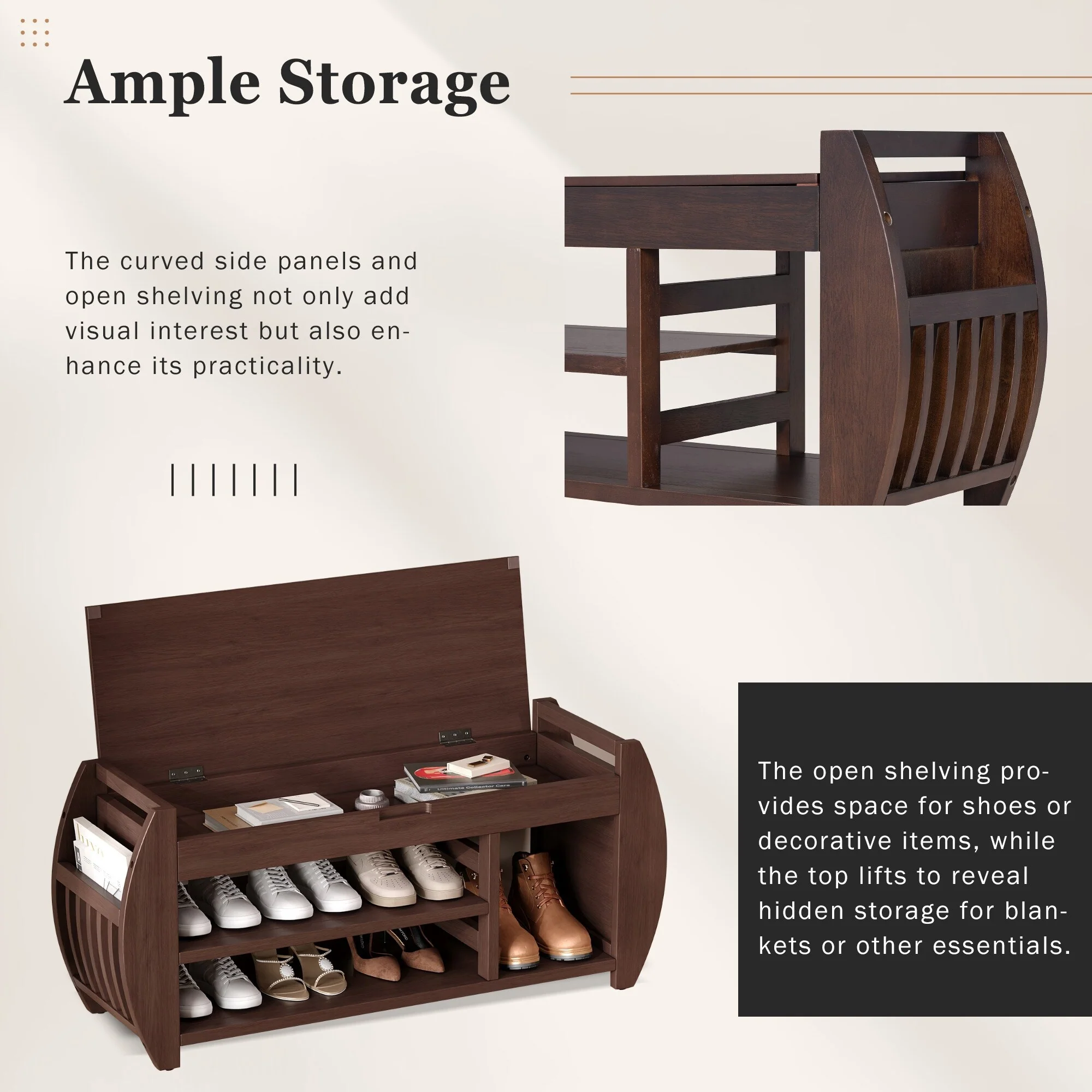 Multifunctional Storage Bench with Cushion and Curved Side Panel for Entrance and Living Room