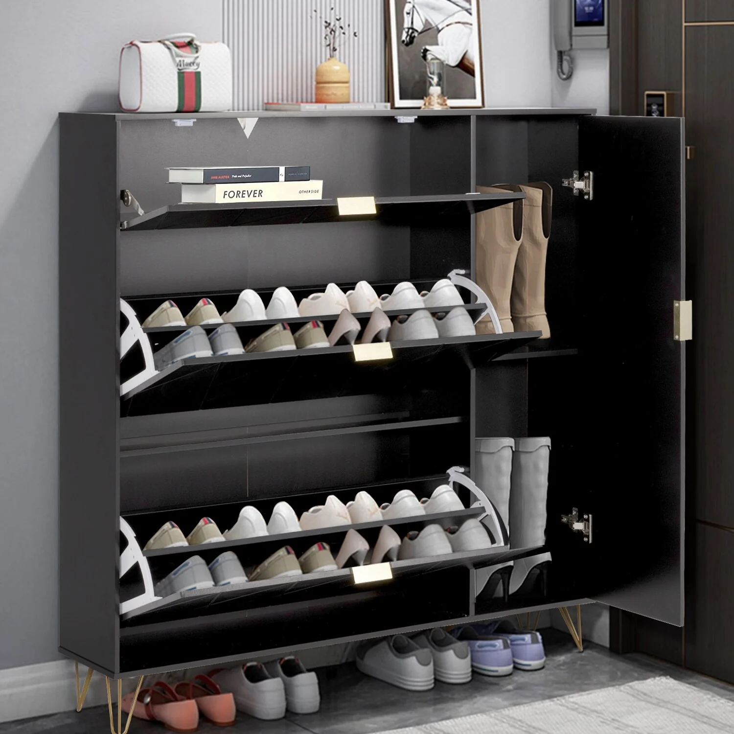 Shoe Cabinet with 3 Flip Drawers & Boot Rack Narrow Shoe Rack