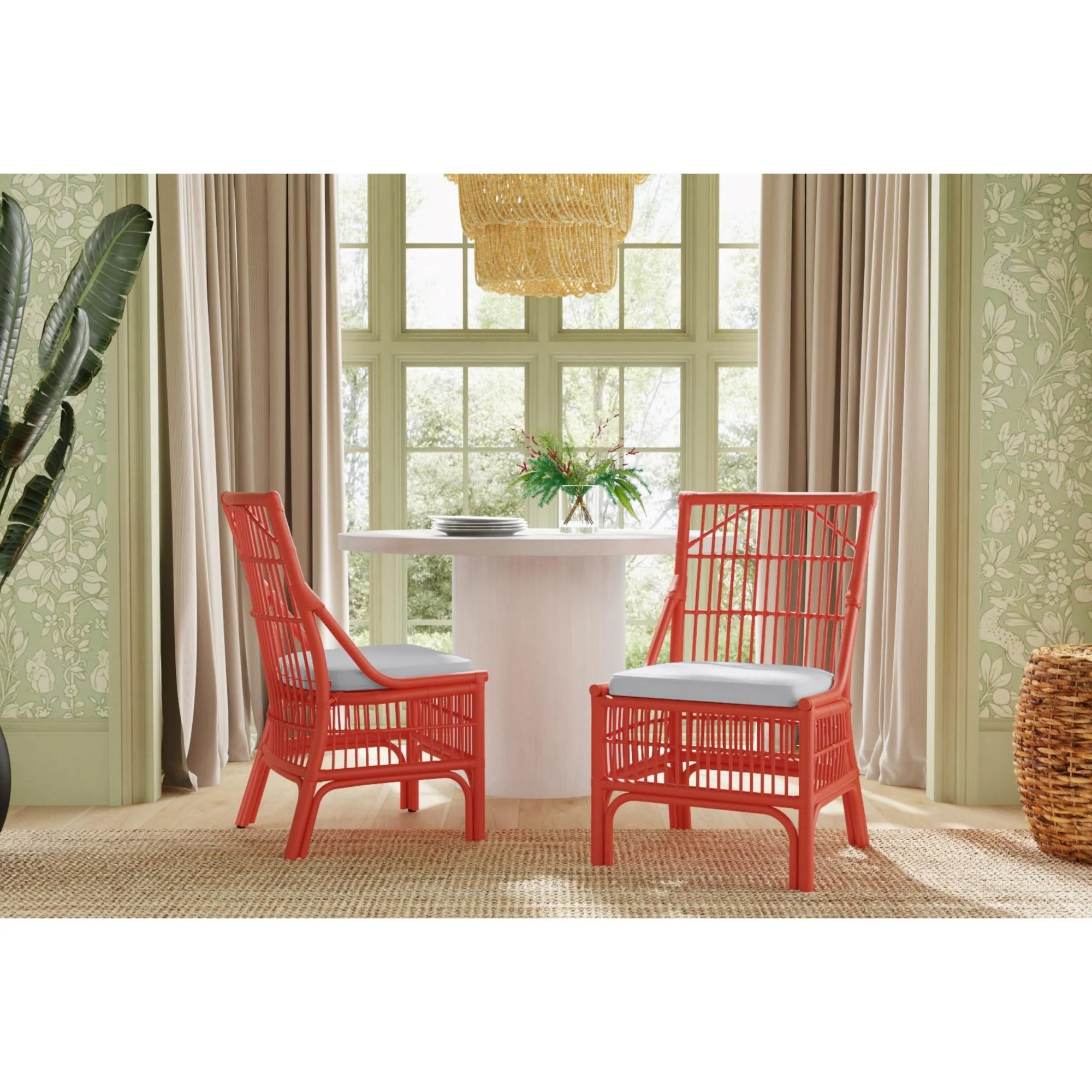 Rattan Slat Back Red Dining Chair, Set of 2
