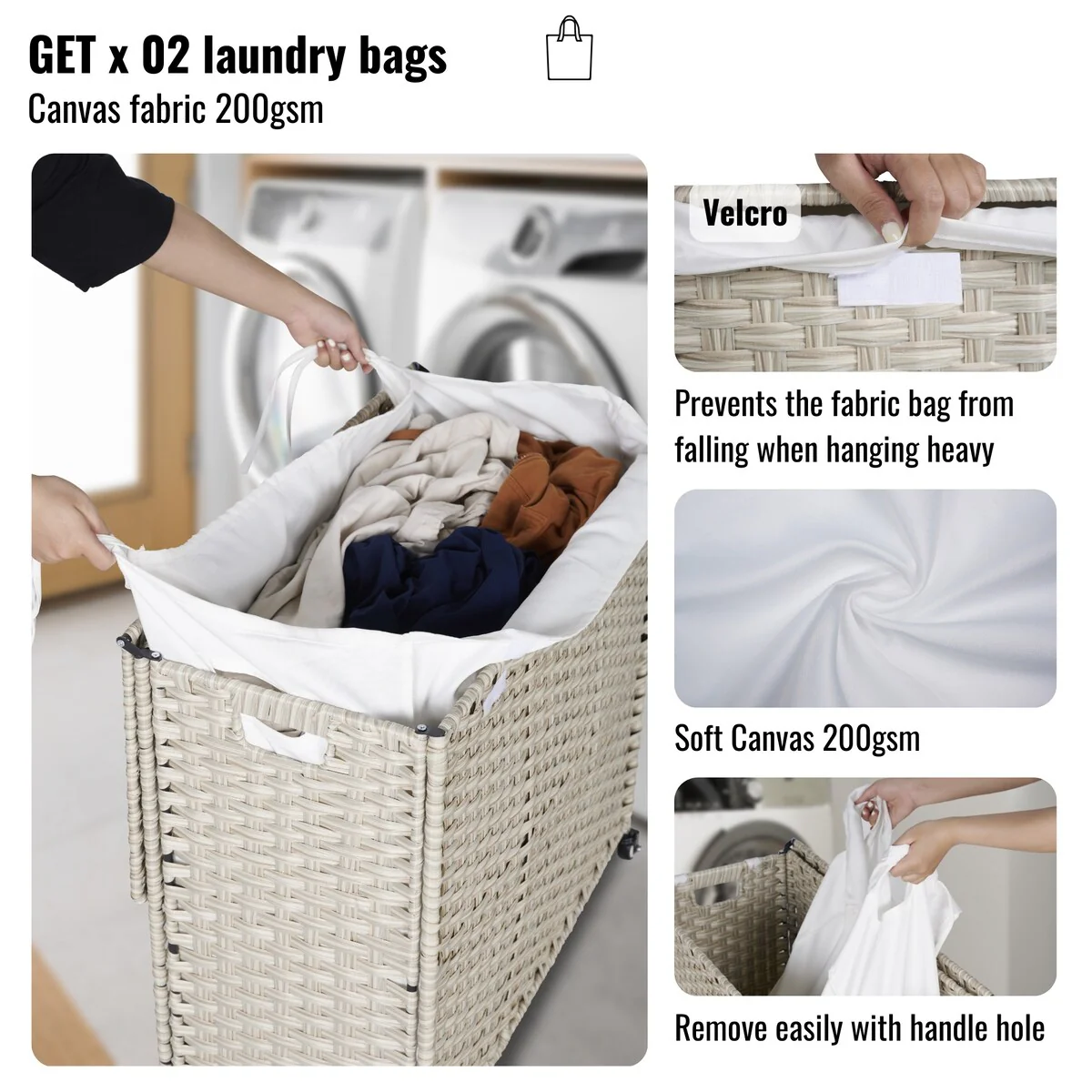 Laundry Hamper with Wheels, 160L Rattan Hampers & 2 Removable Liner Bags, Laundry Basket with Lid - 27