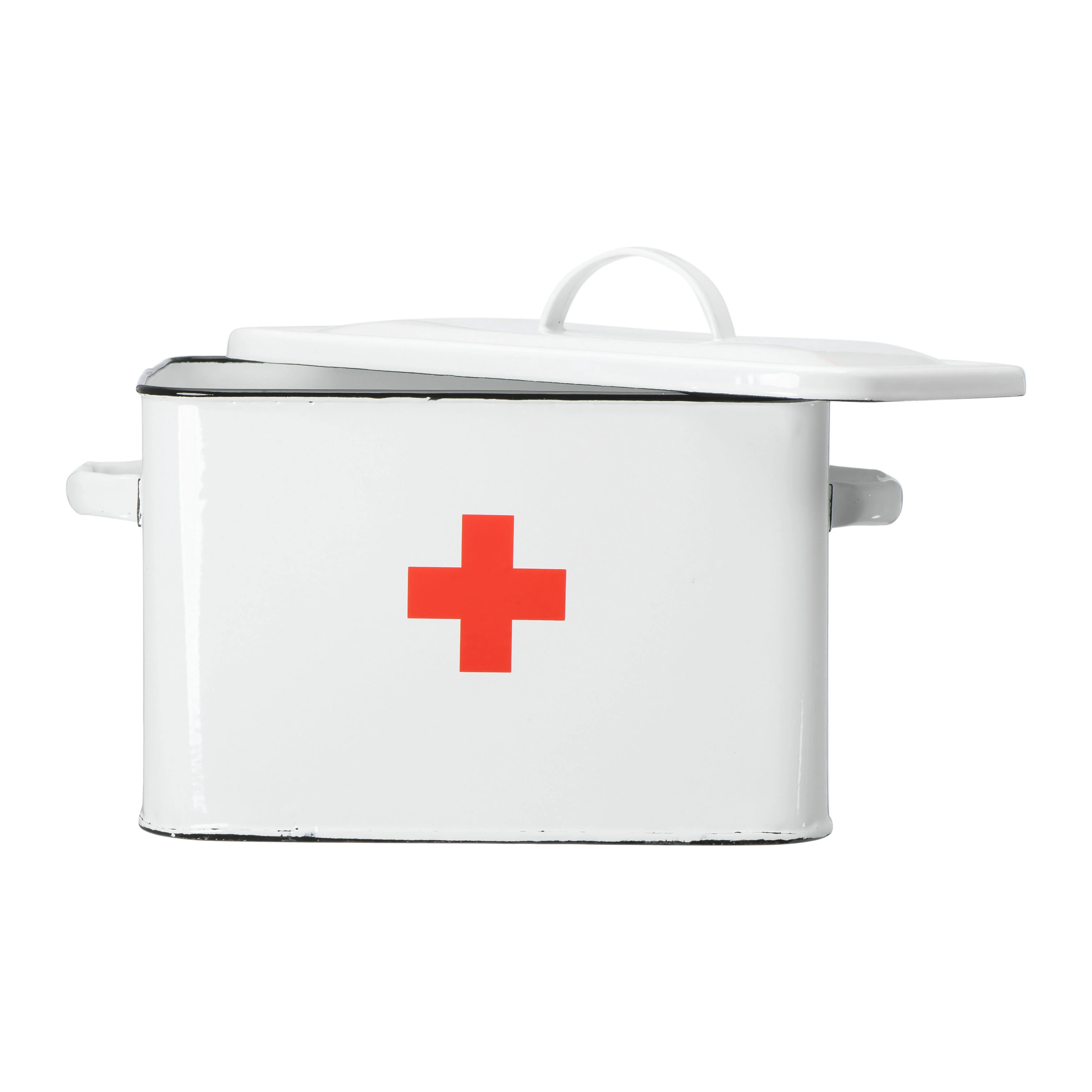 Enameled Metal First Aid Box with Lid and Swiss Cross