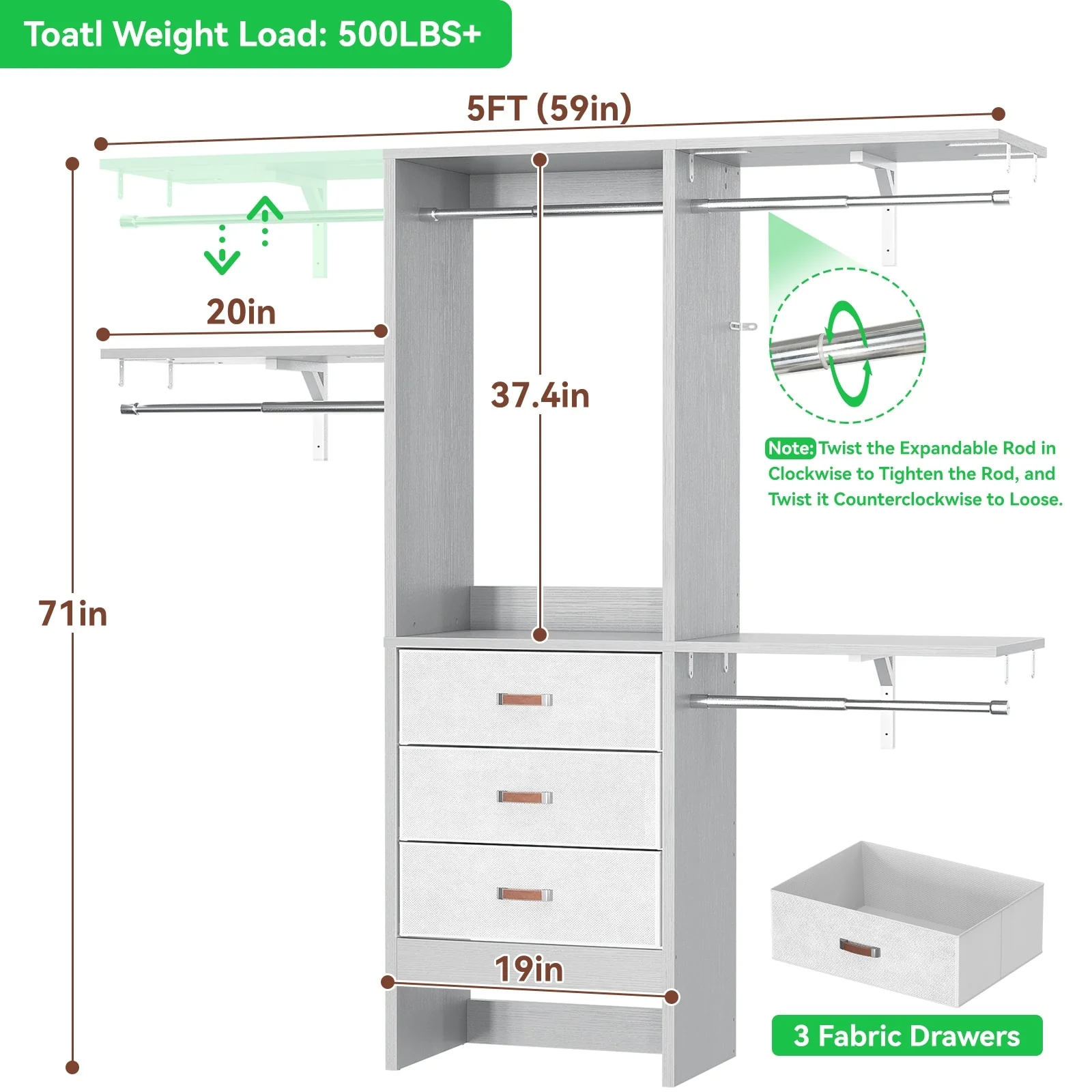 4FT Kid‘s Closet System with Fabric Drawers, DIY Closet Organizer with Adjustable Hanging Rods