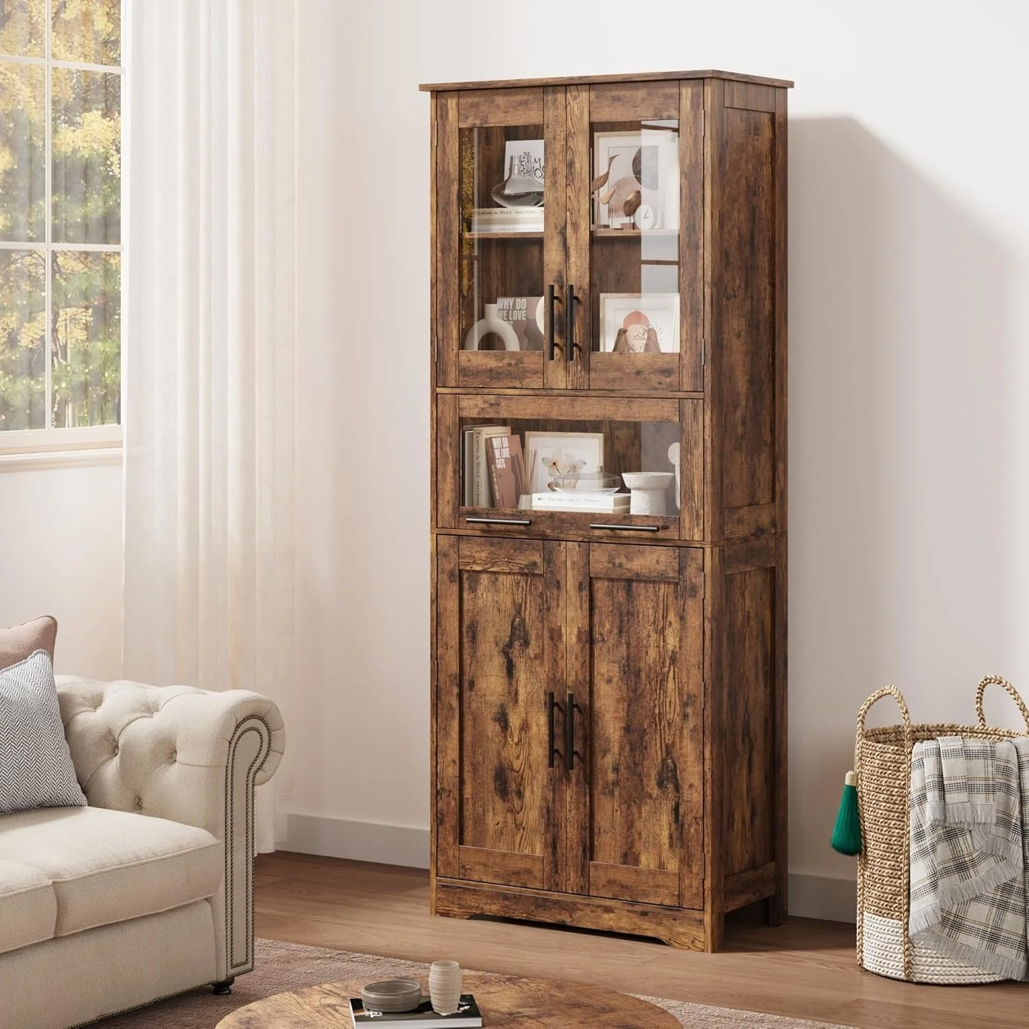 Tall Bathroom Cabinet, Linen Storage Cabinet with Doors and Adjustable Shelves and Drawer