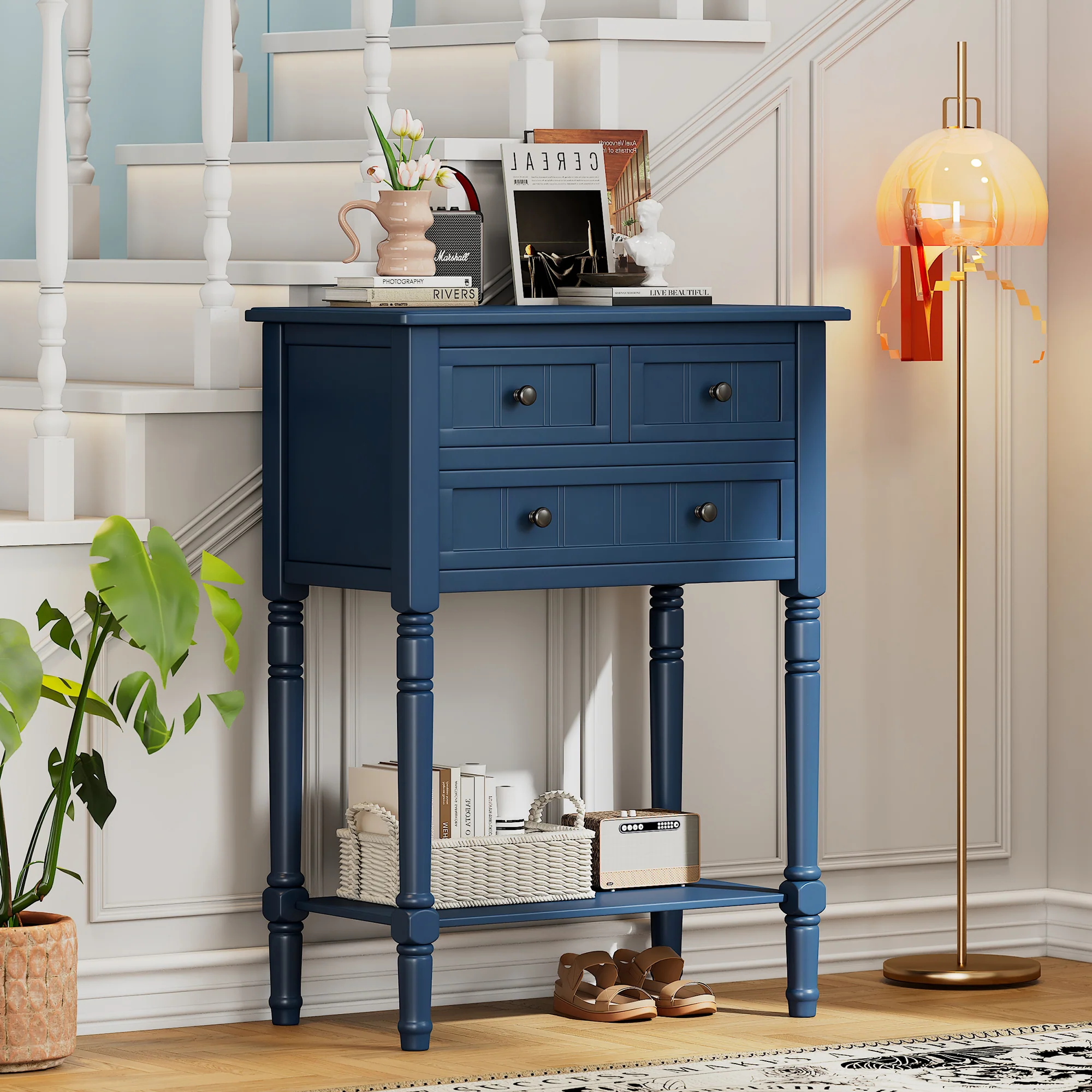 Conquest Narrow Console Table with 3 Drawers and Bottom Shelf