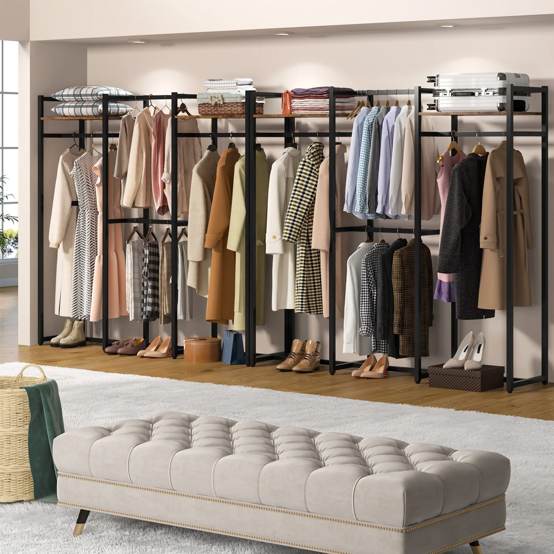 Free Standing Closet Organizer with Hanging Rods, Garment Rack Heavy Duty Clothes Rack with Storage Shelves, Max Load 500LBS