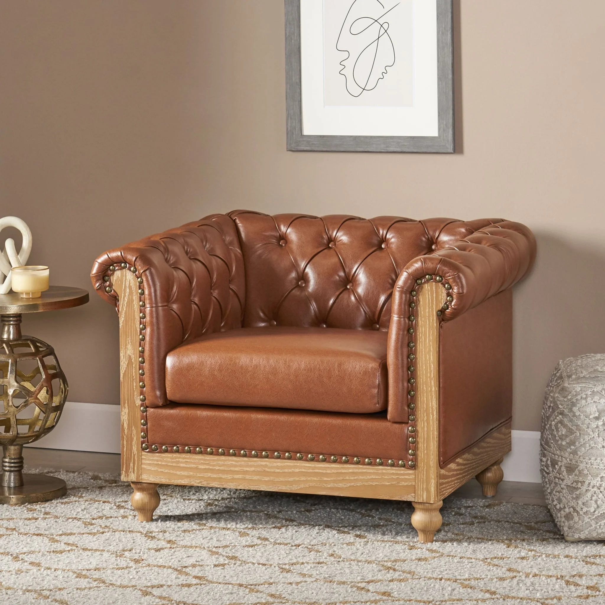 Luminex Tufted Upholstered Club Chair with Nailhead Accents and Scrolled Tuxedo Arms