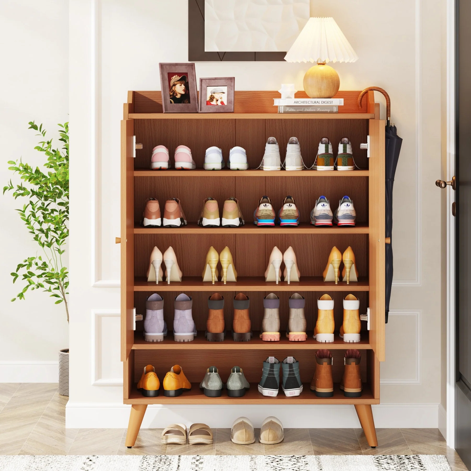 Entryway Slim Shoe Storage Cabinet with Adjustable Shelves and Open Shelf