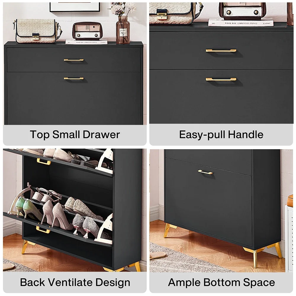 Freestanding Shoe Cabinet for Entryway, with 2 Flip Doors and Drawer - 32'W x 10''D x 43''H