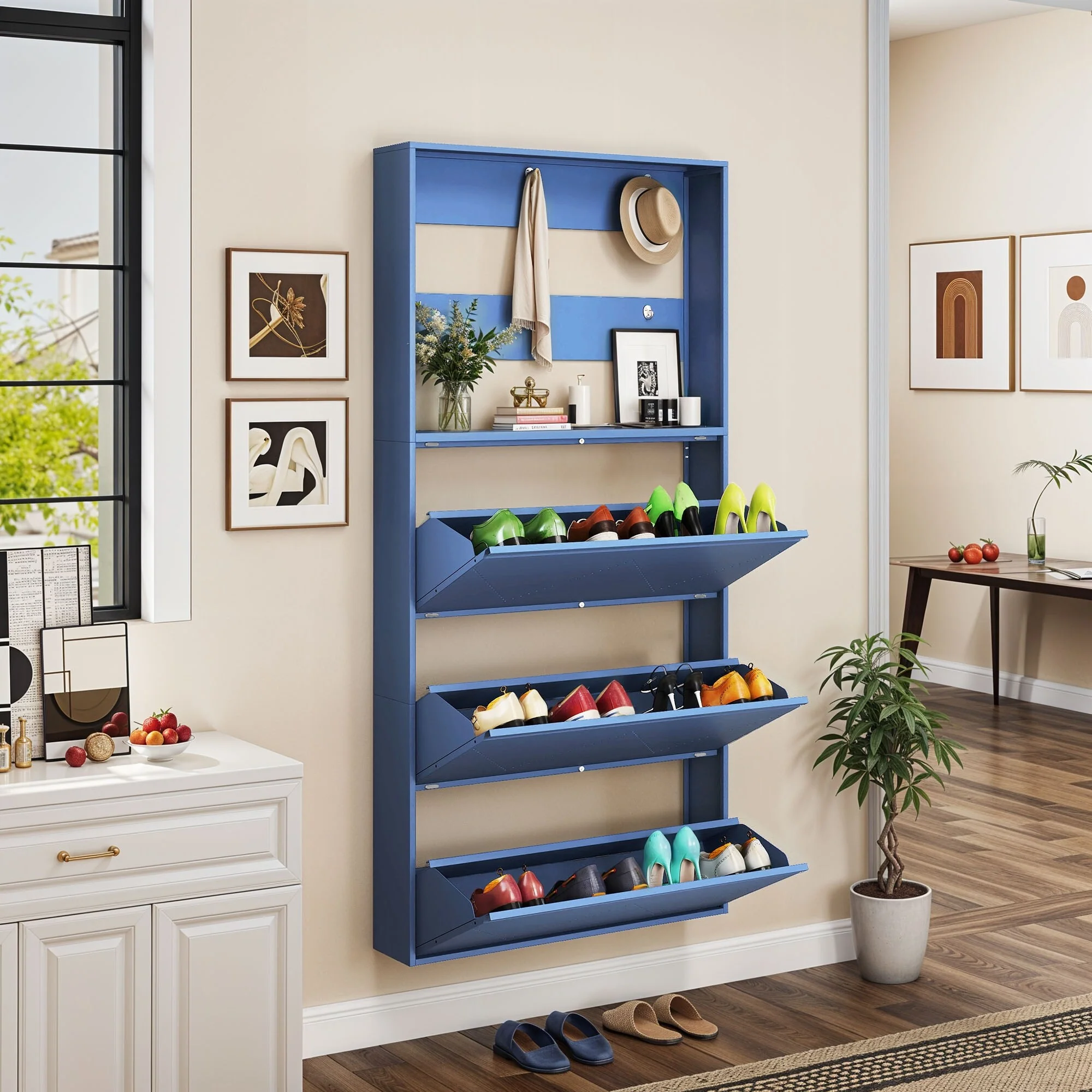 Moasis Wall-Mounted Shoe Cabinet with 3 Flip Drawers, Shoe Organizer with Hanging Bars and Hooks