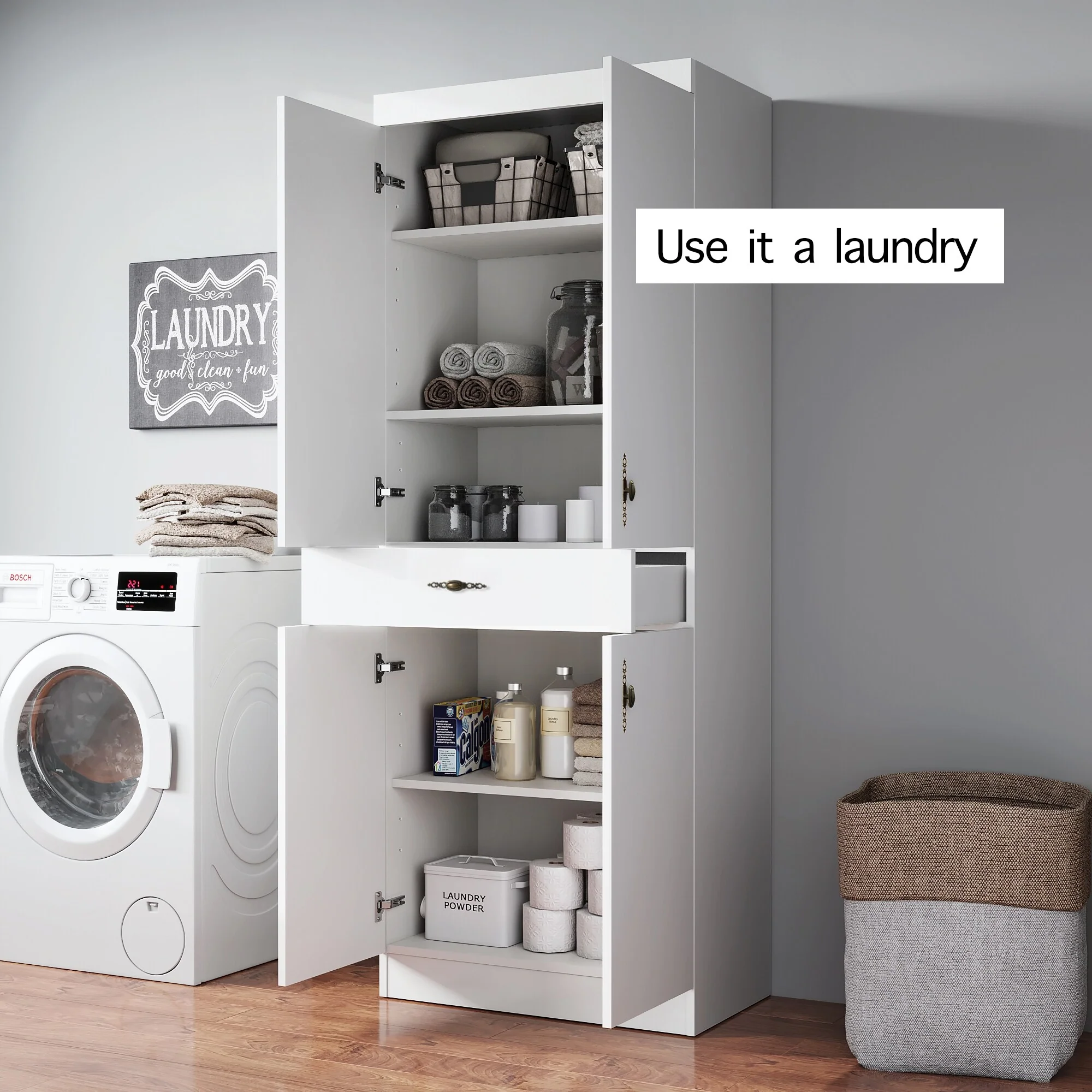 Living Skog Monti Food Pantry Storage Kitchen Cabinet with Adjustable Shelves and Drawer