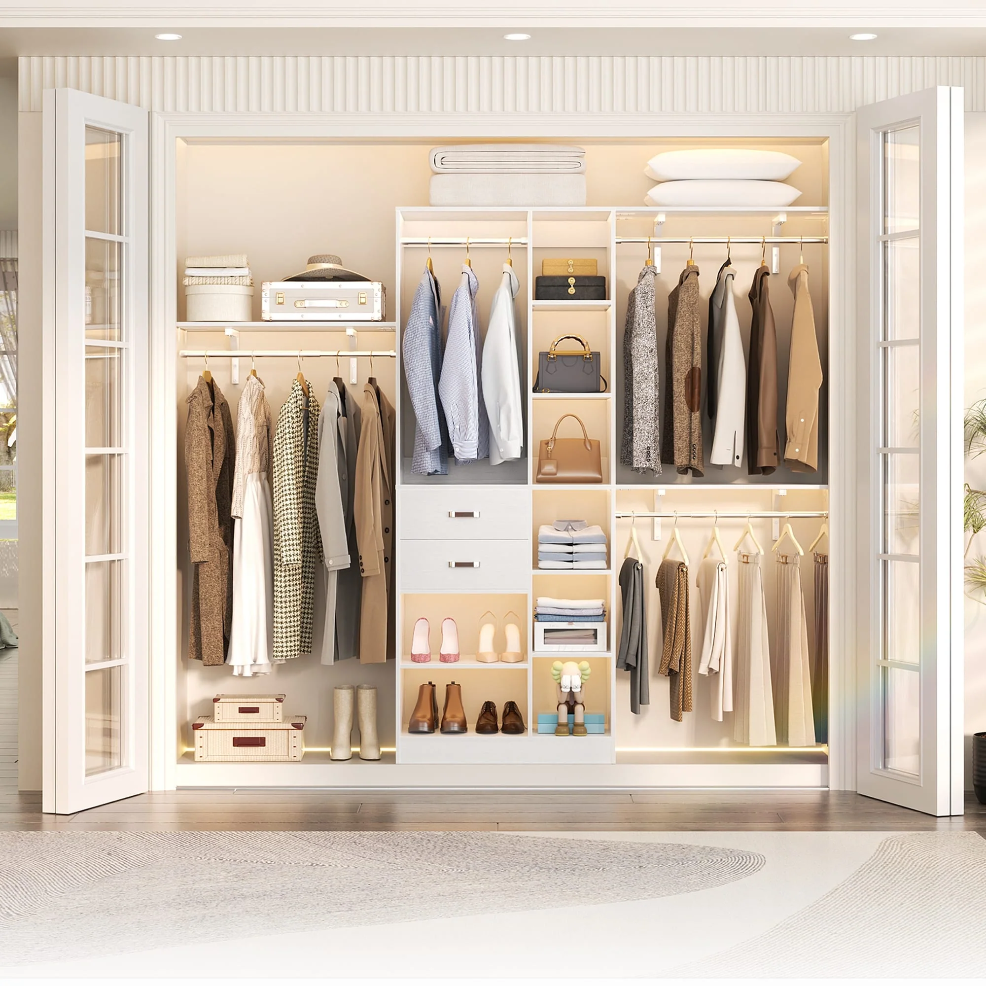 31.5'' to 96'' W Closet Organizer System with Drawers and Tower Shelves for Reach-in and Walk-in Closet