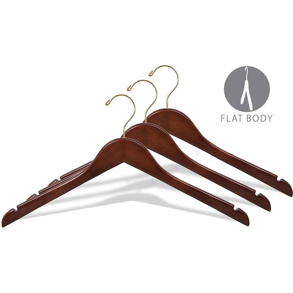 Wooden Top Hanger with Walnut Finish, Space Saving 17 Inch Flat Hangers with Brass Swivel Hook & Notches for Hanging Straps