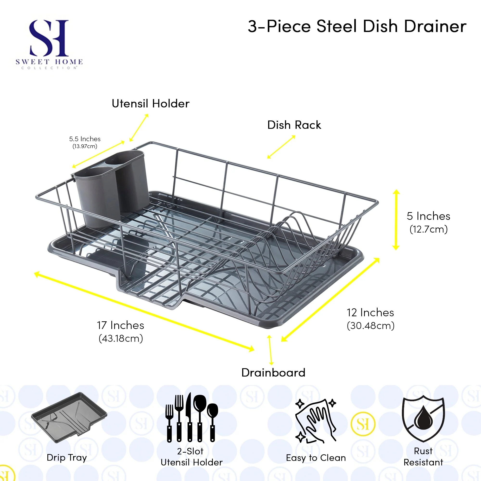 Sweet Home Collection 3-Piece Kitchen Sink Dish Drainer Set