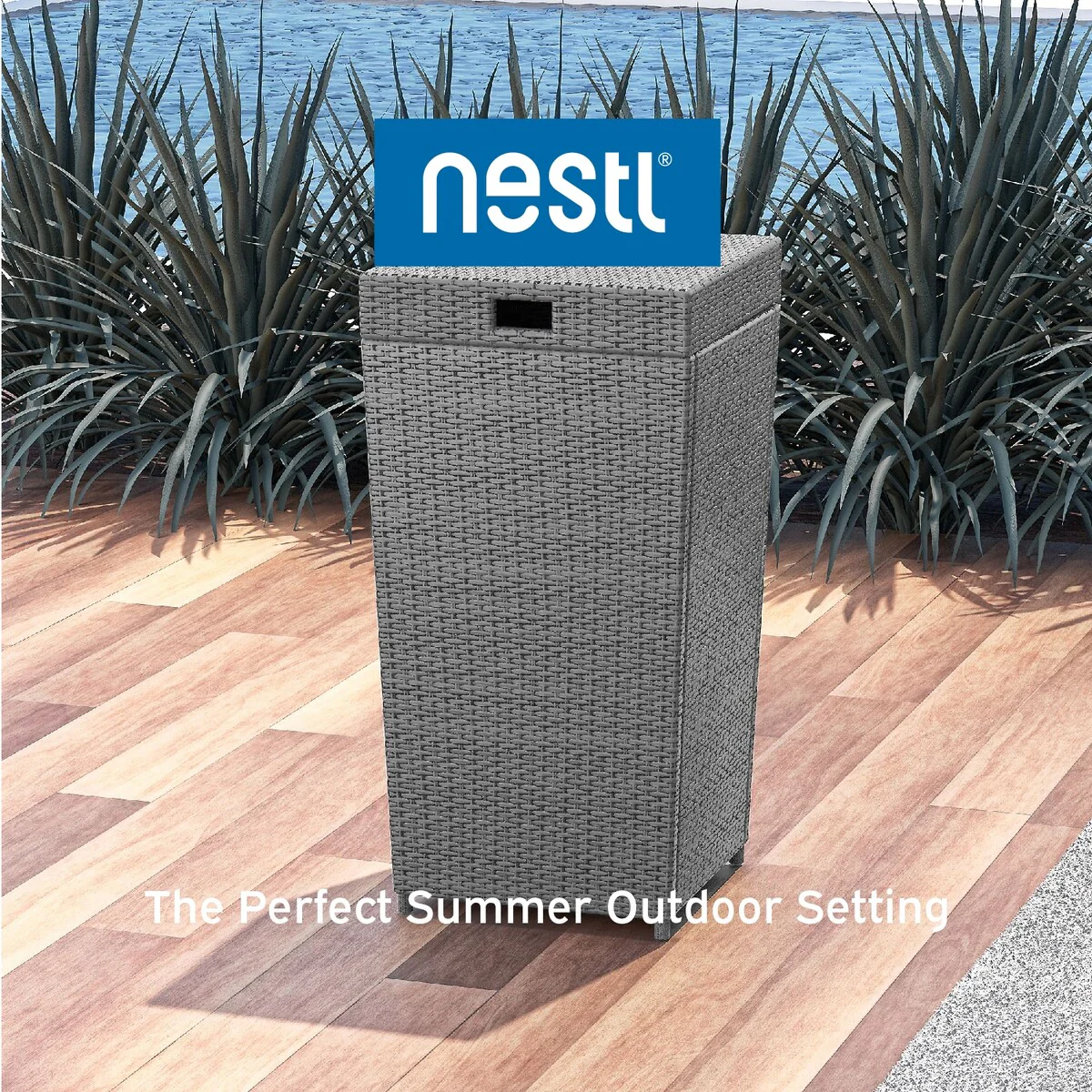 Nestl Outdoor Trash Can with Lid - 30 Gallon Durable Wicker Garbage Can for Patio