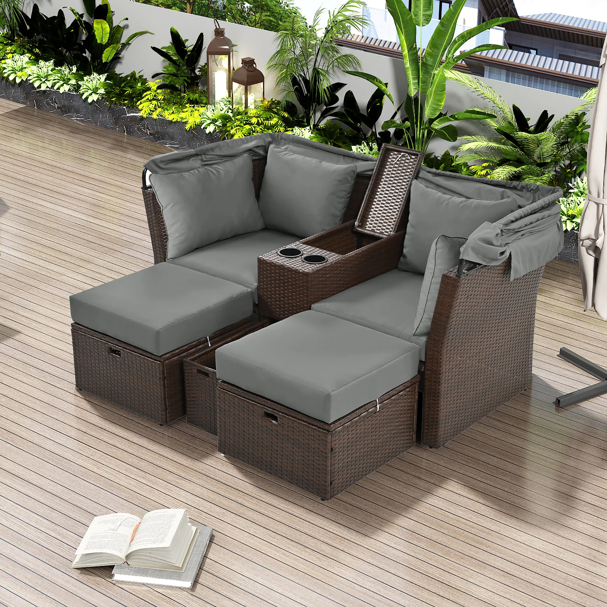 Wolframite 2-Seater Outdoor Daybed with Cup Holders and Storage Boxes