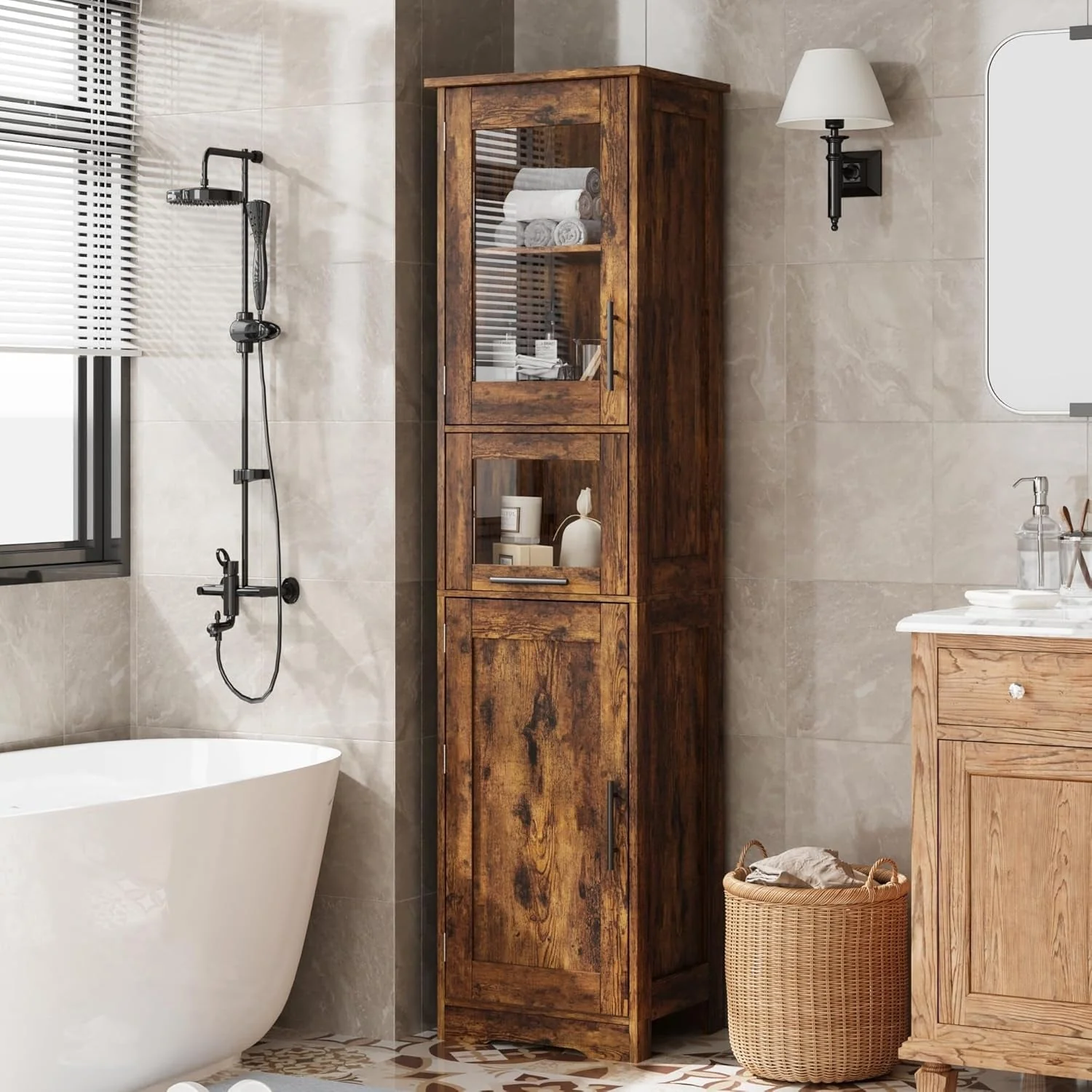 Tall Bathroom Cabinet, Linen Storage Cabinet with Doors and Adjustable Shelves and Drawer