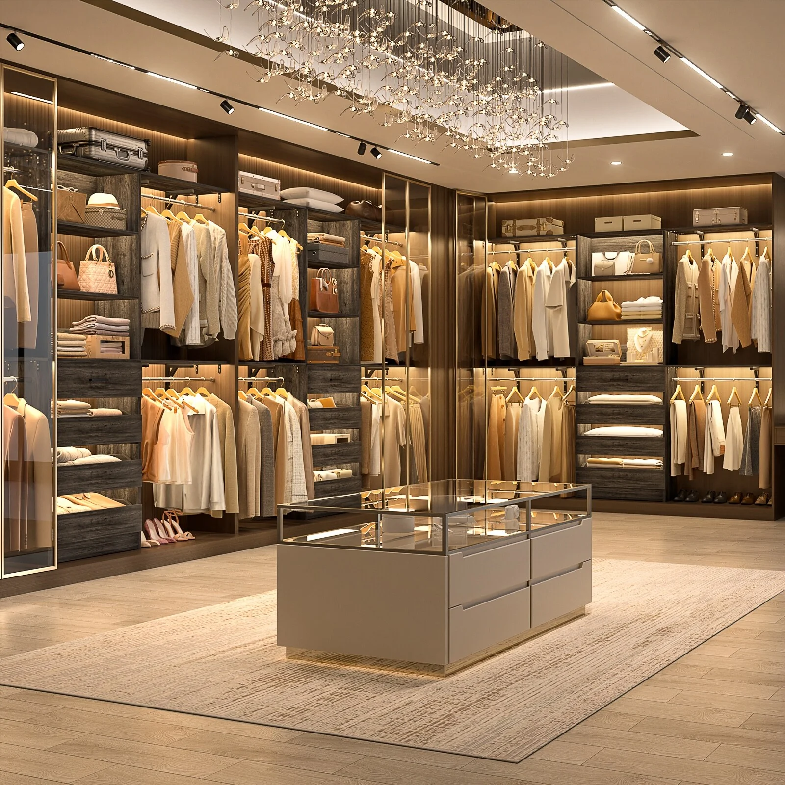 Rackcog 96'' Closet System with 4 Drawers and 4 Hanging Rods, 8FT Wood Closet Organizer for Walk-in Closet