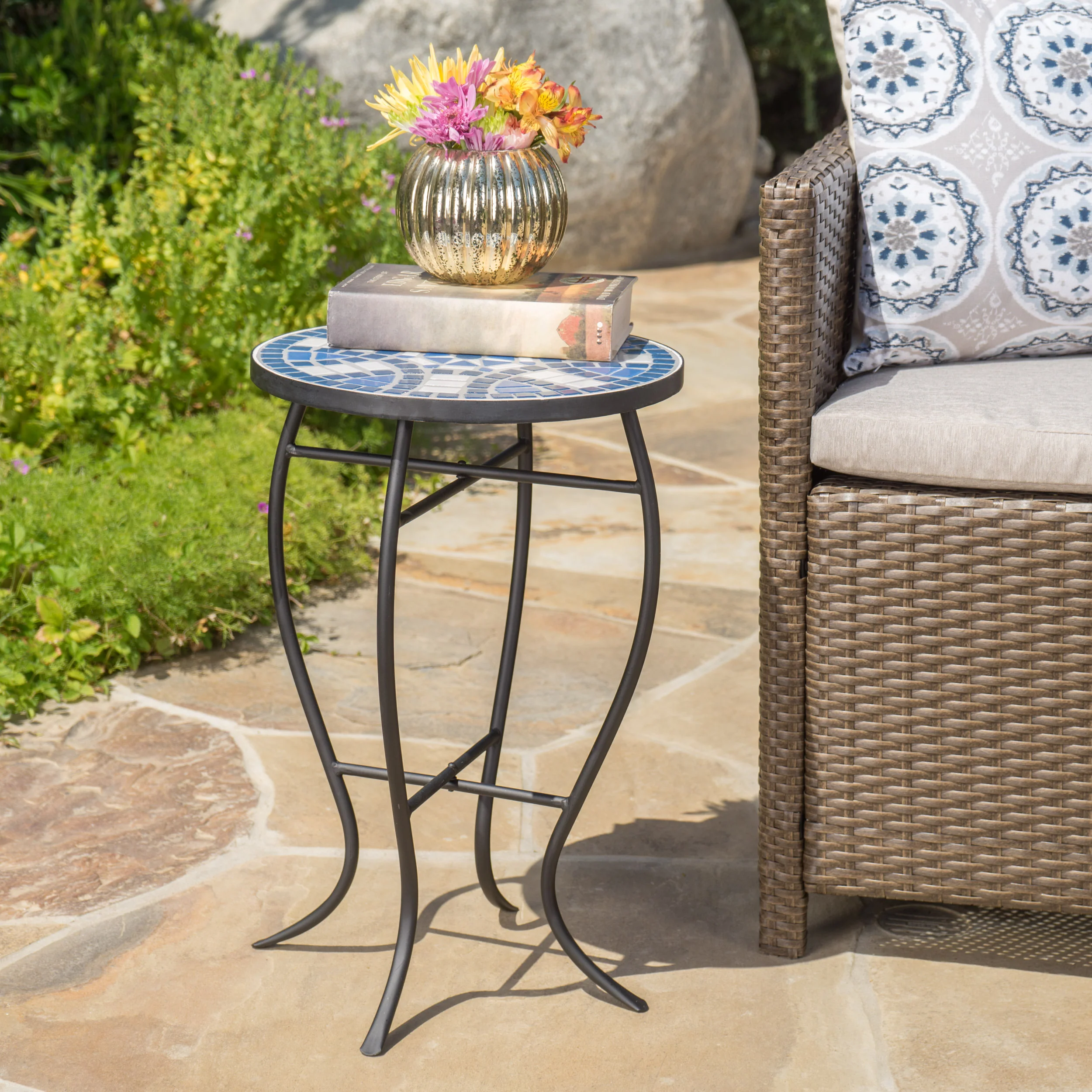 Outdoor Round End Table with Mosaic-Style Top and Curved Iron Legs