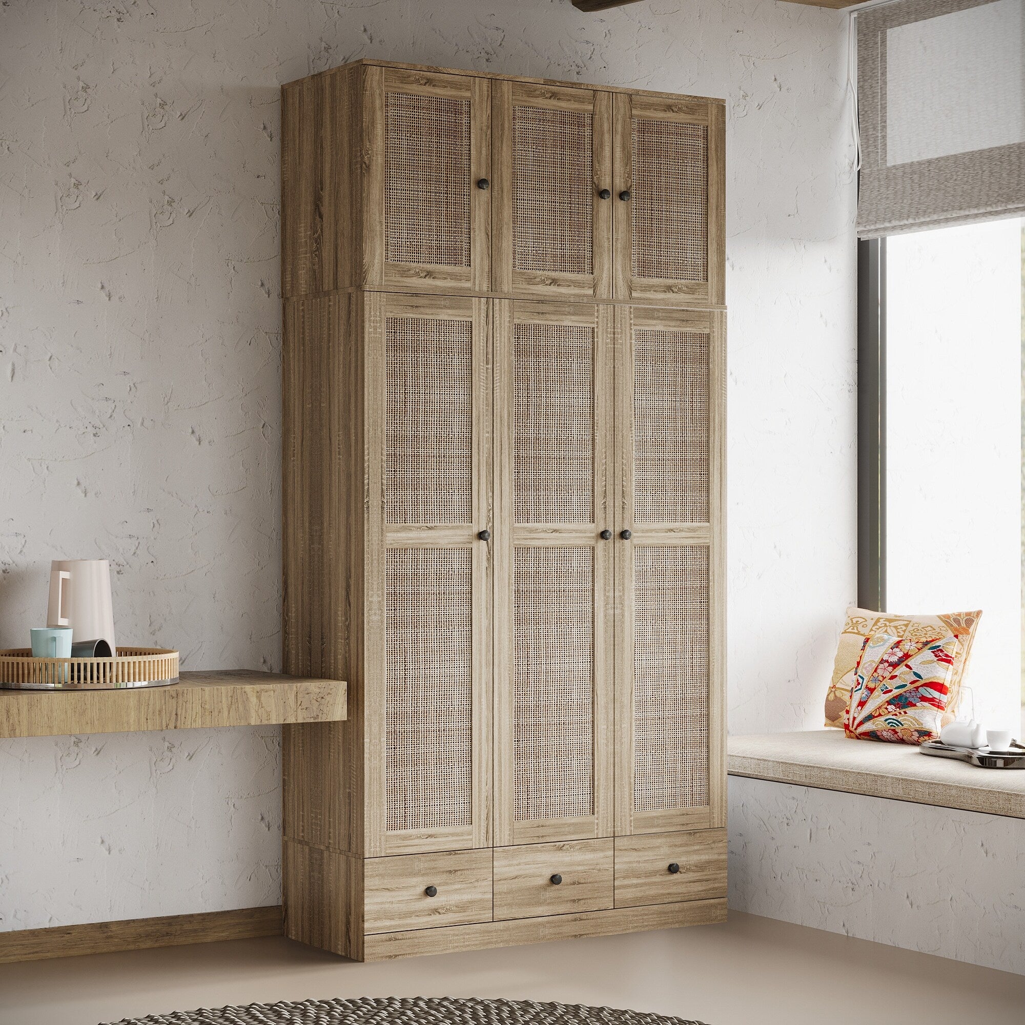 Large Storage Wardrobe Versatile Rattan Door Closet with Deep Drawers