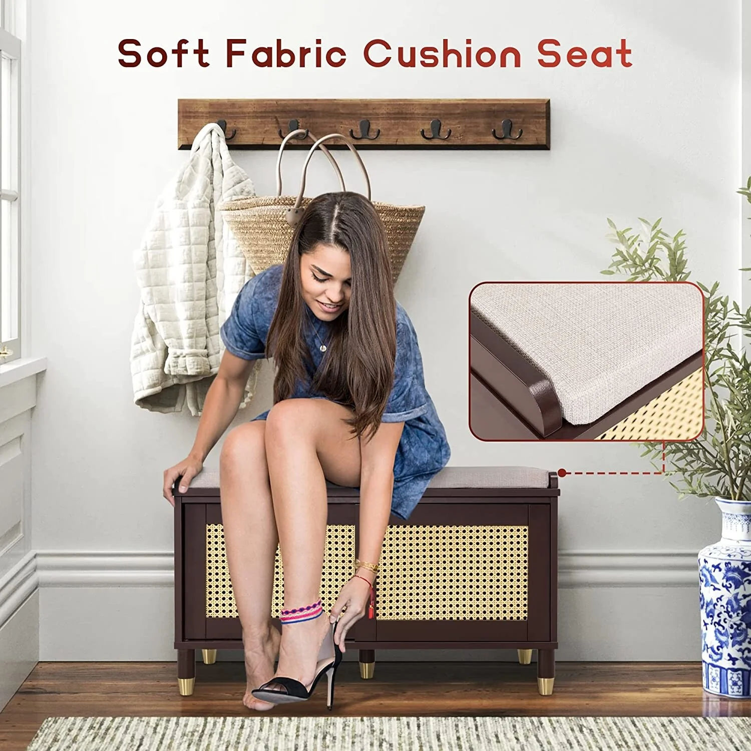 Shoe Storage Bench Cabinet Rattan Style Shoe Cabinet for Entryway