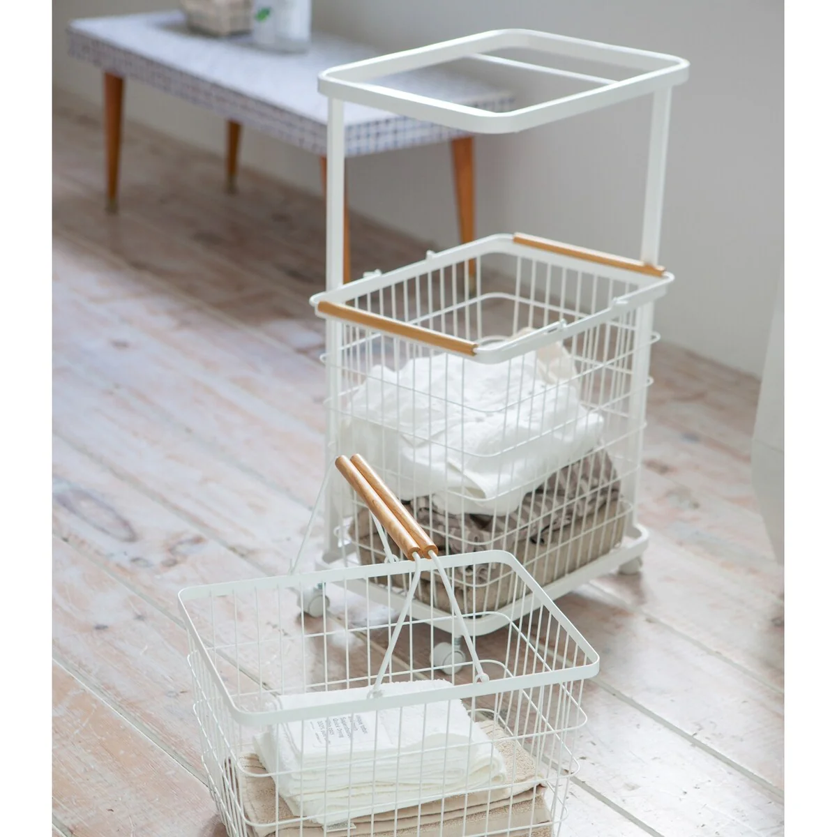 Yamazaki Home Rolling Laundry Cart, Steel & Wood, Short, Holds 26.4 lbs, Wheels - L 11.42 x W 15.75 x H 27.36 inches