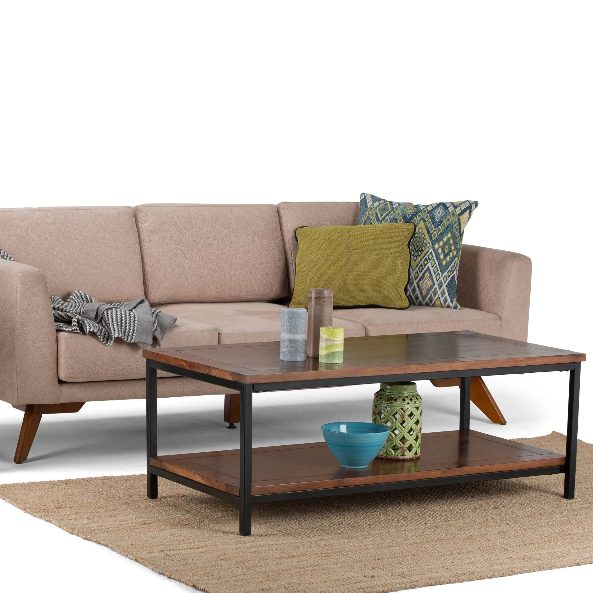 Haloed Rectangular Coffee Table with Open Bottom Shelf and Metal Frame