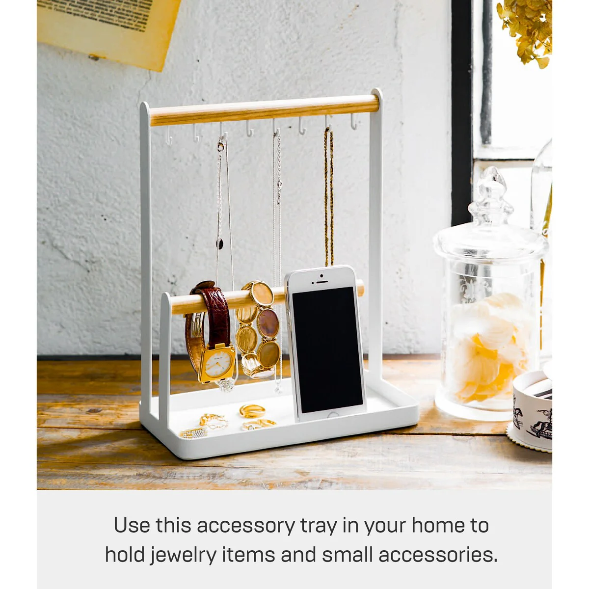 Yamazaki Home Jewelry and Accessory Display, Steel and Wood - L 4.13 x W 7.87 x H 11.22 inches