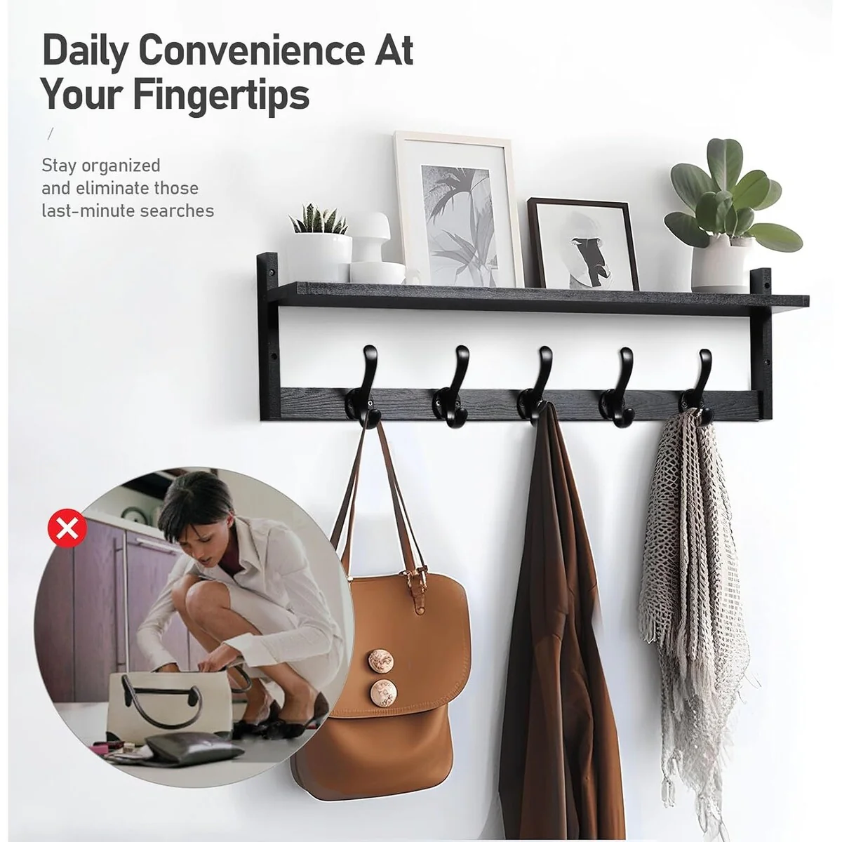 29'' Coat Rack Wall Mount with Shelf, Wood Wall Hooks with Storage
