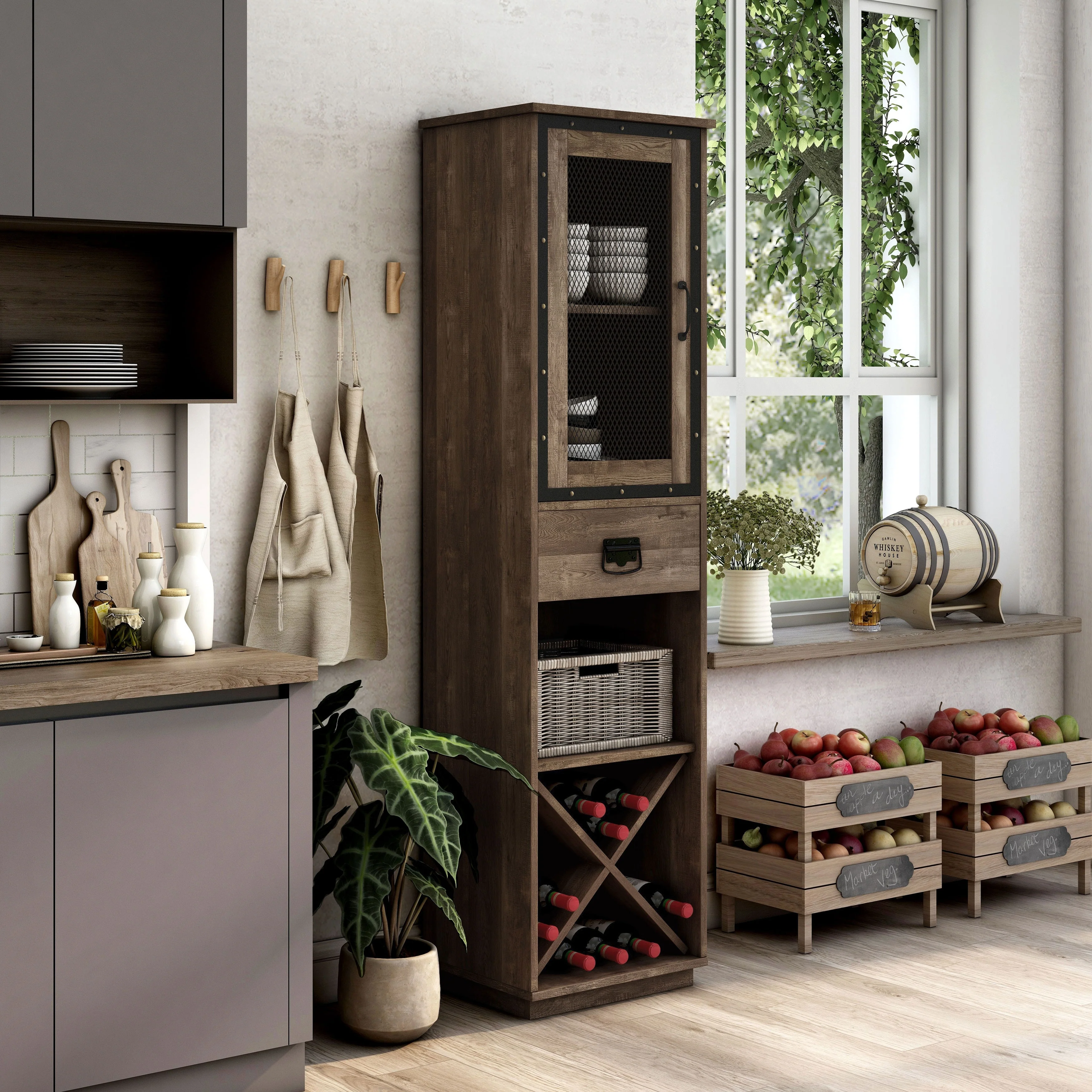 DH BASIC Industrial 3-shelf Tower Cabinet with Wine Bottle Storage by Denhour