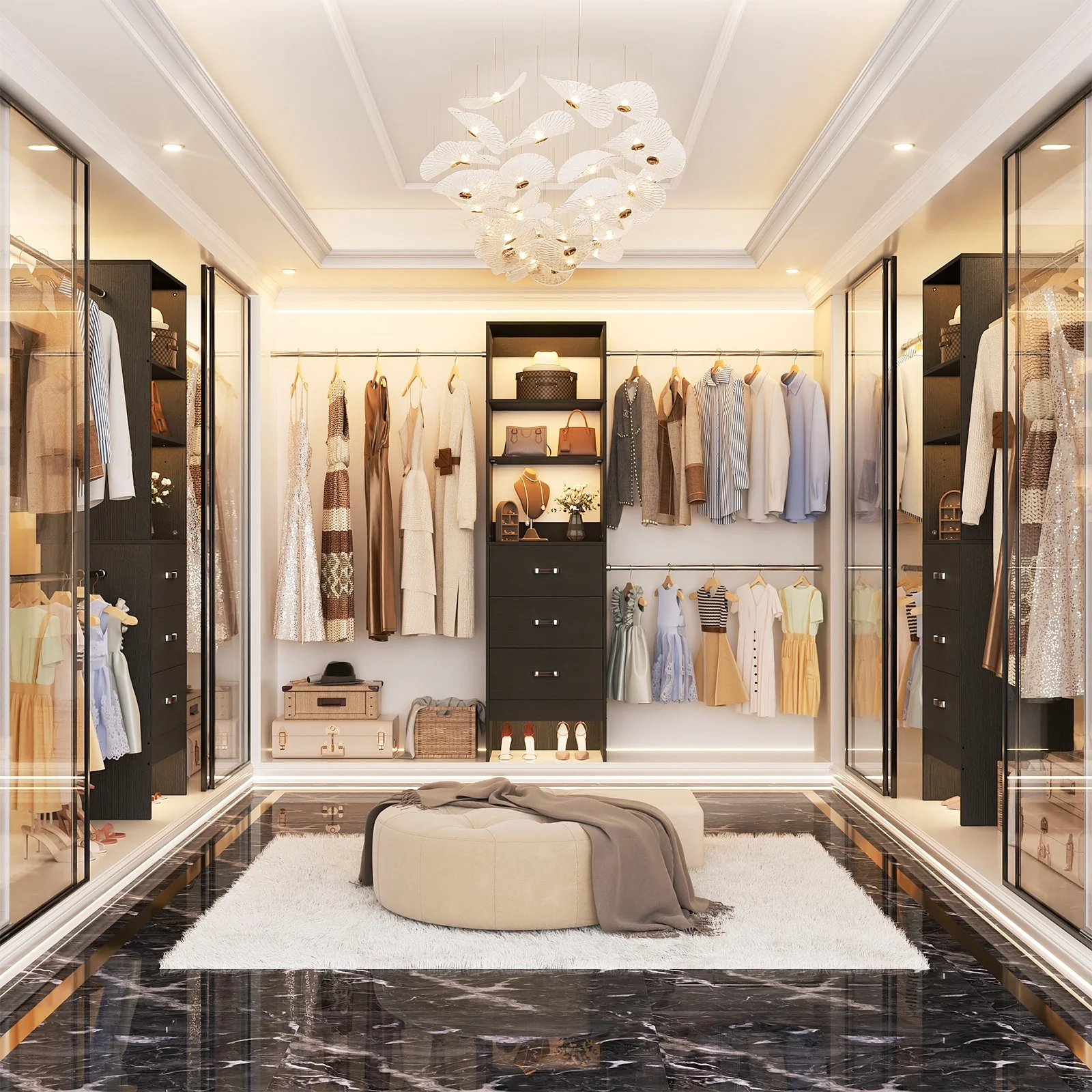 20.5-96'' W Closet Organizer System with Extendable Hanging Rods and Drawers and Tower Shelves