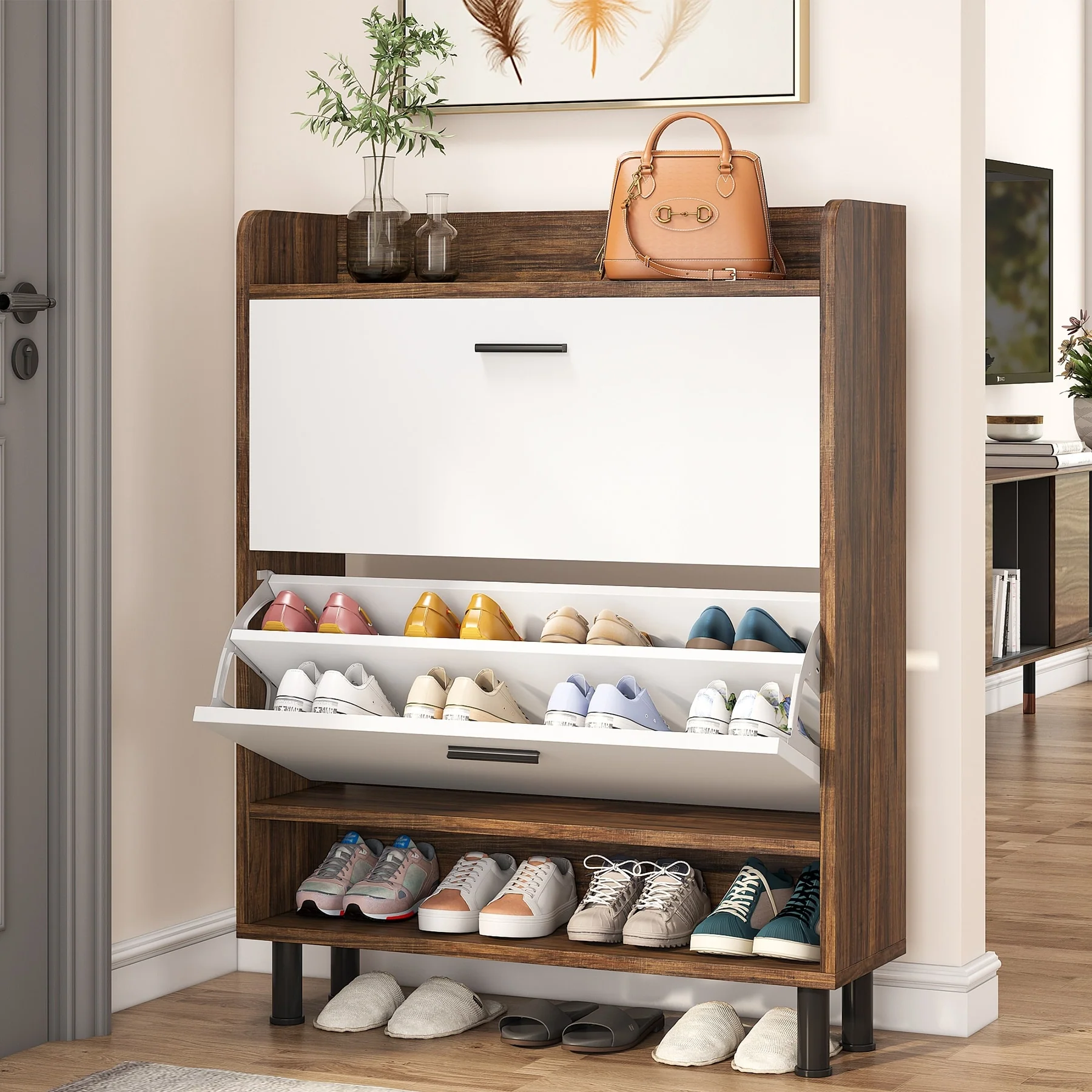 24 Pairs Shoe Storage Cabinet Rack with 2 Flip Drawers - 2-Tier