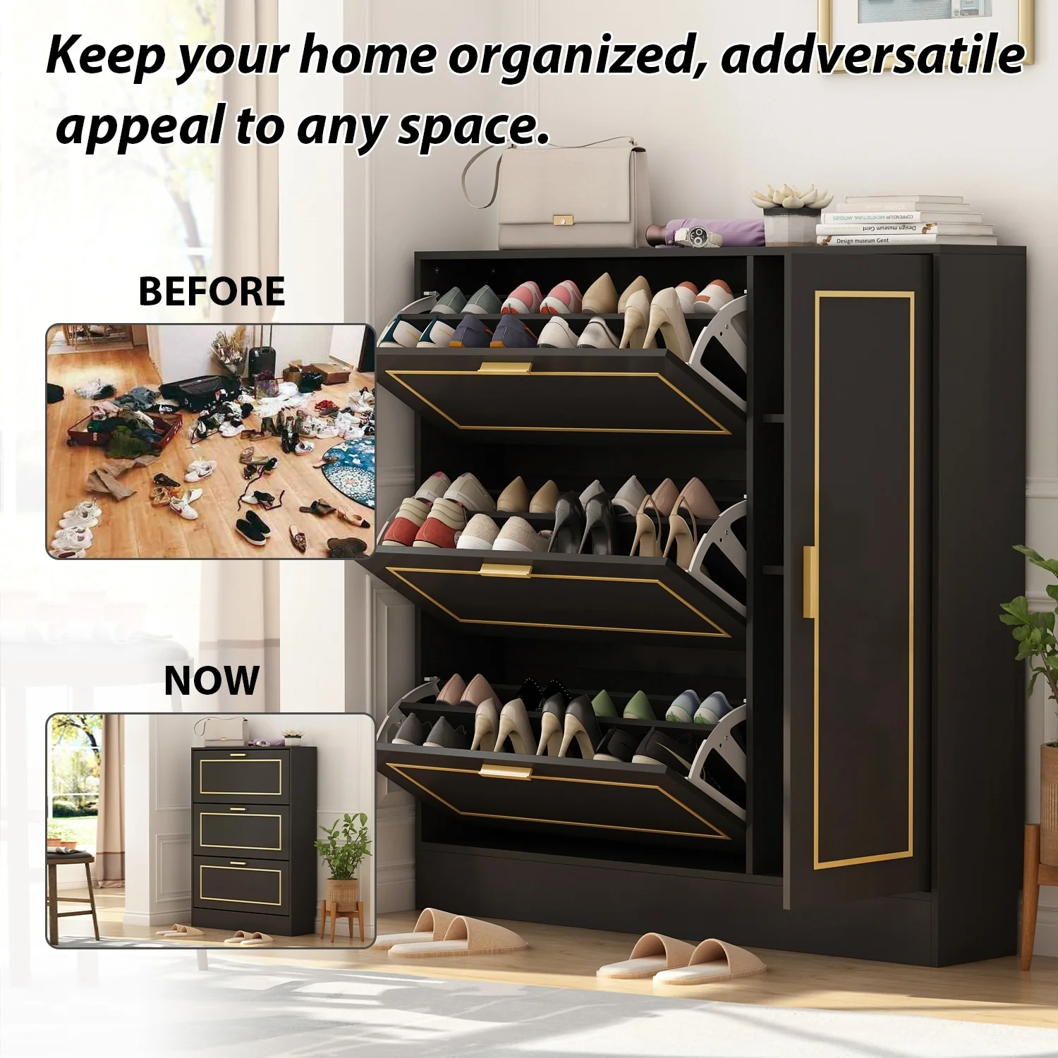 Fold-Out Shoes Cabinet Storage Cabinet Dresser Chest(Black/White)