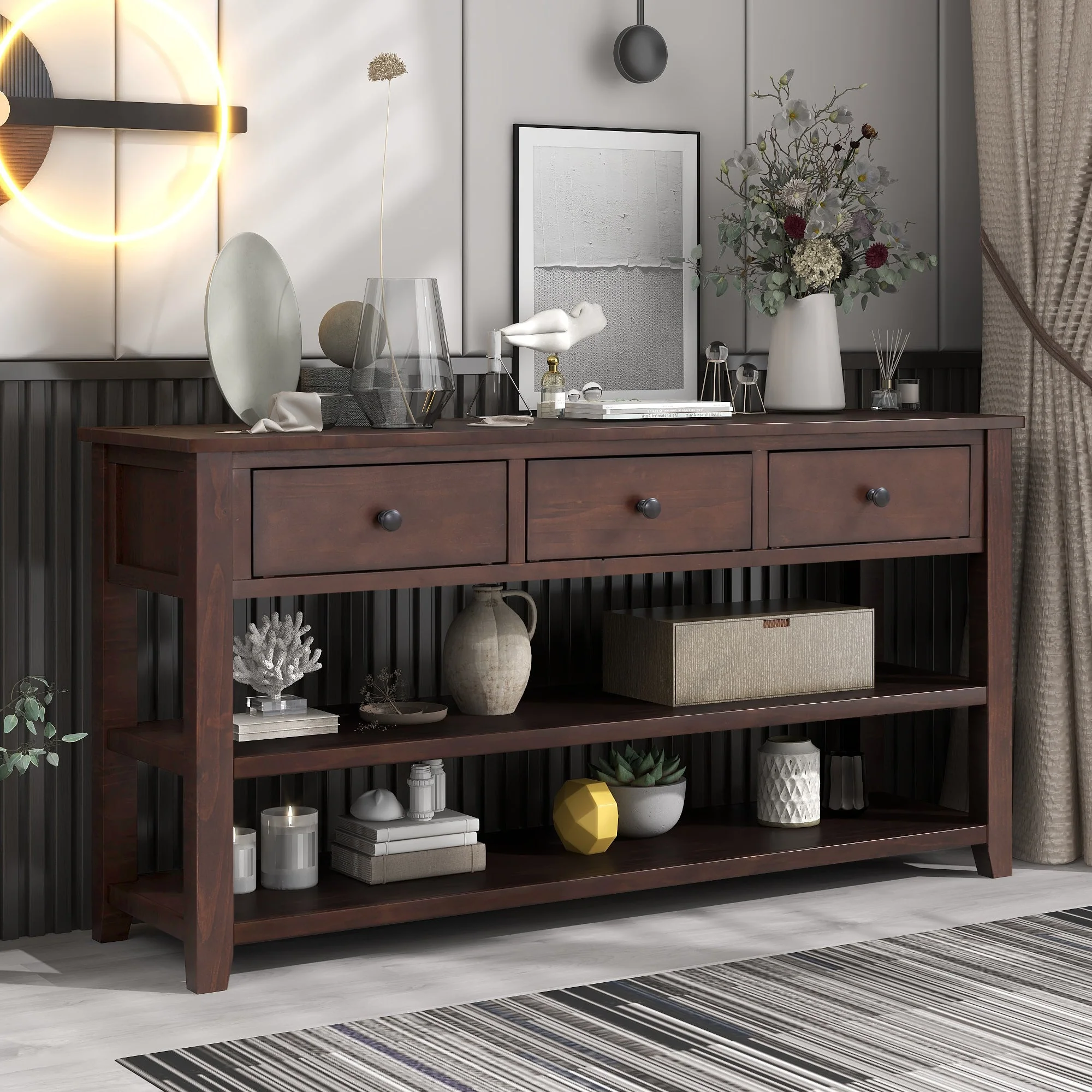 Finley 50'' Wood Console Table with 2 Open Shelves and 3 Storage Drawers
