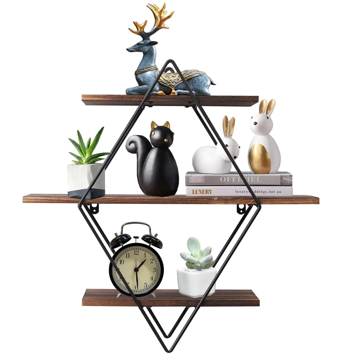 3Tier Metal Wall Shelves in Geometric Diamond for Home Display Storage