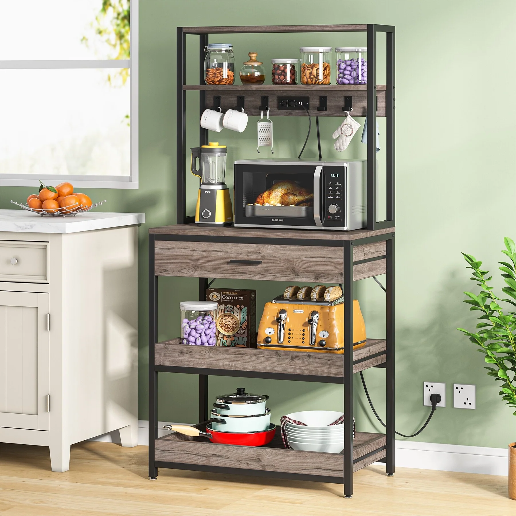 Kitchen Bakers Rack with Power Outlets, High Utility Storage Shelves Microwave Stand with Drawers